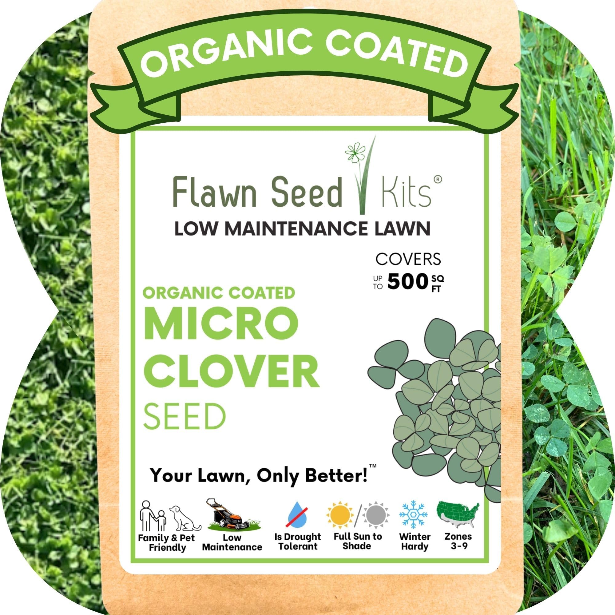 Flawn Seed Kits Micro Clover Seed, 2.2 Oz, Organic Coated, Eco-Friendly, Low Growing, Low Maintenance, Lawn Alternative, Compostable Pouch, Covers Up to 500 Sqft