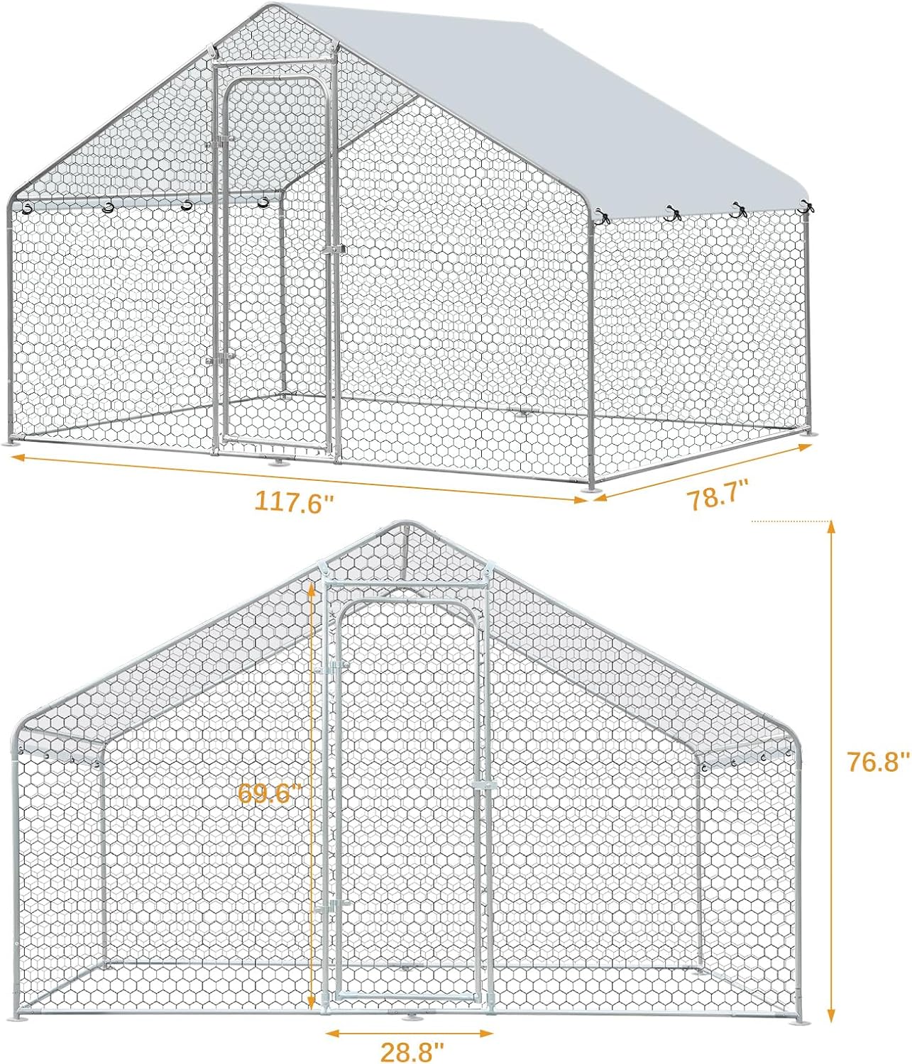 Large Metal Chicken Coop, Chicken Coop Run for 6/10 Chickens, Walk-in Chicken Runs for Yard with Anti-UV Cover, Spire Roof Hen House for Backyard, Duck Rabbit Cage Poultry Pen 6.6 x 9.8 x 6.5 ft