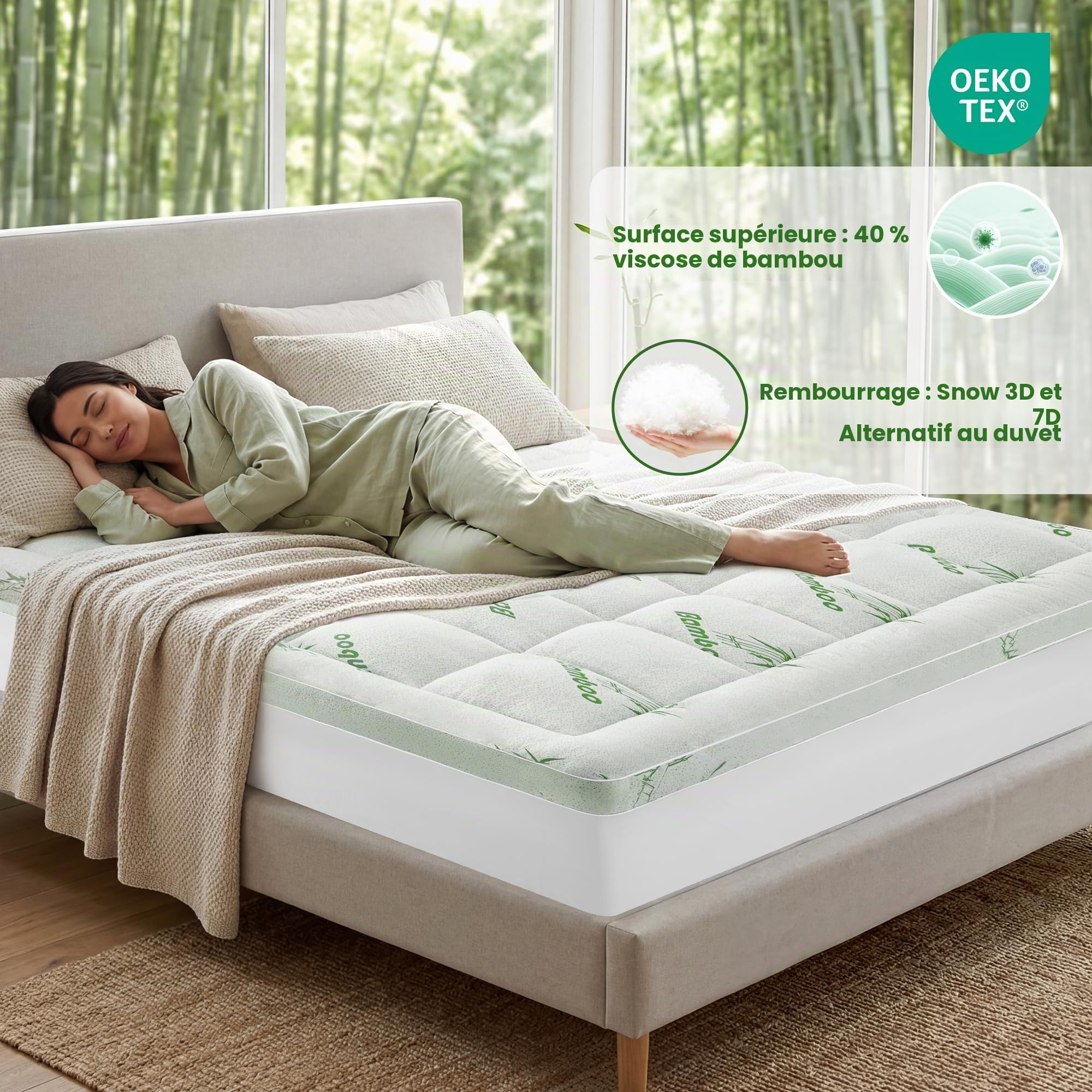 Surmatelas 140x200cm Protège Matelas en Viscose de Bambou 1000g/m² Doux | Sur Matelas 2 Personnes, Ultra-Doux, Grand Bonnet jusqu’à 40 cm, Hypoallergénique, Respirant et Lavable en Machine