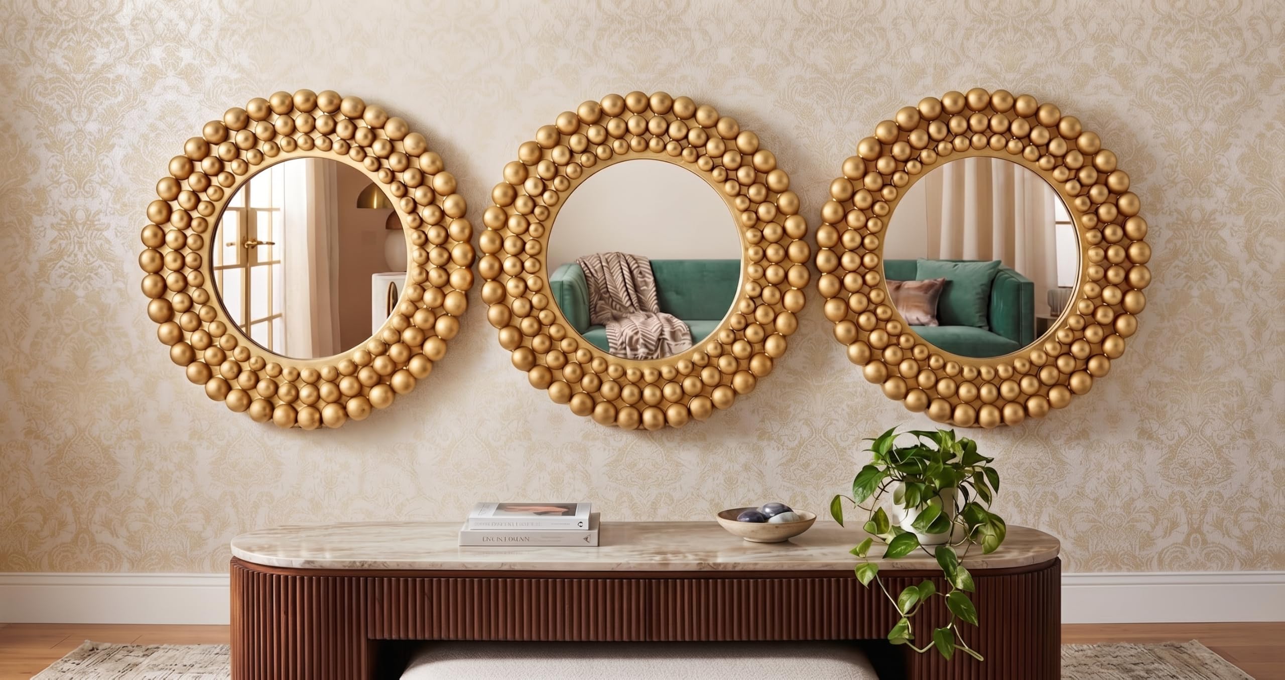 DEENZ Pack Of 3 Round Beaded Frame Wall Mounted Mirror Small Size Plastic Home Art Décor Gift Idea 25Cm Dia, GOLD