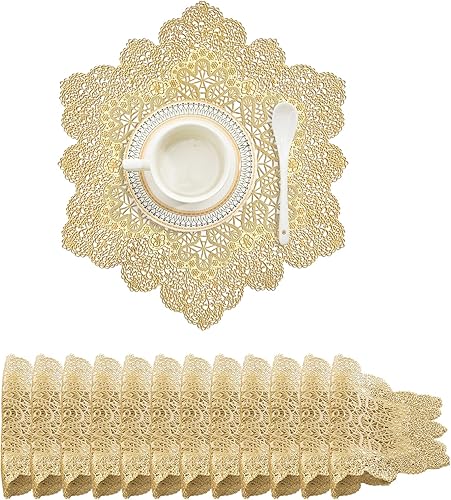 Miniatura 65 de BACKTOEDEN Juego de 6 manteles individuales redondos de color dorado claro, lavables, limpiables, resistentes al calor, manteles individuales de