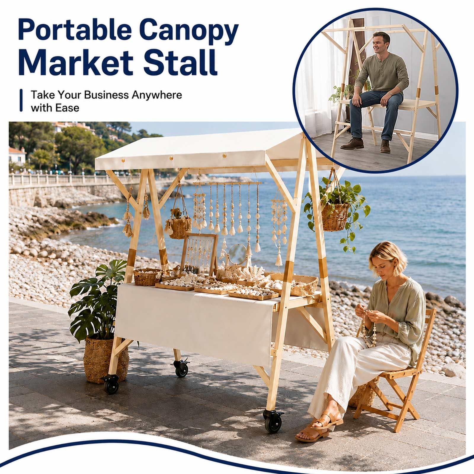 Puesto De Mercado con Toldo, Carrito De Comida Callejera De Madera, Carro Venta Ambulante, Kiosco Móvil con Ruedas, Stand Plegable para Catering Y Eventos Pop Up(Pink a,L 150cm/59in)