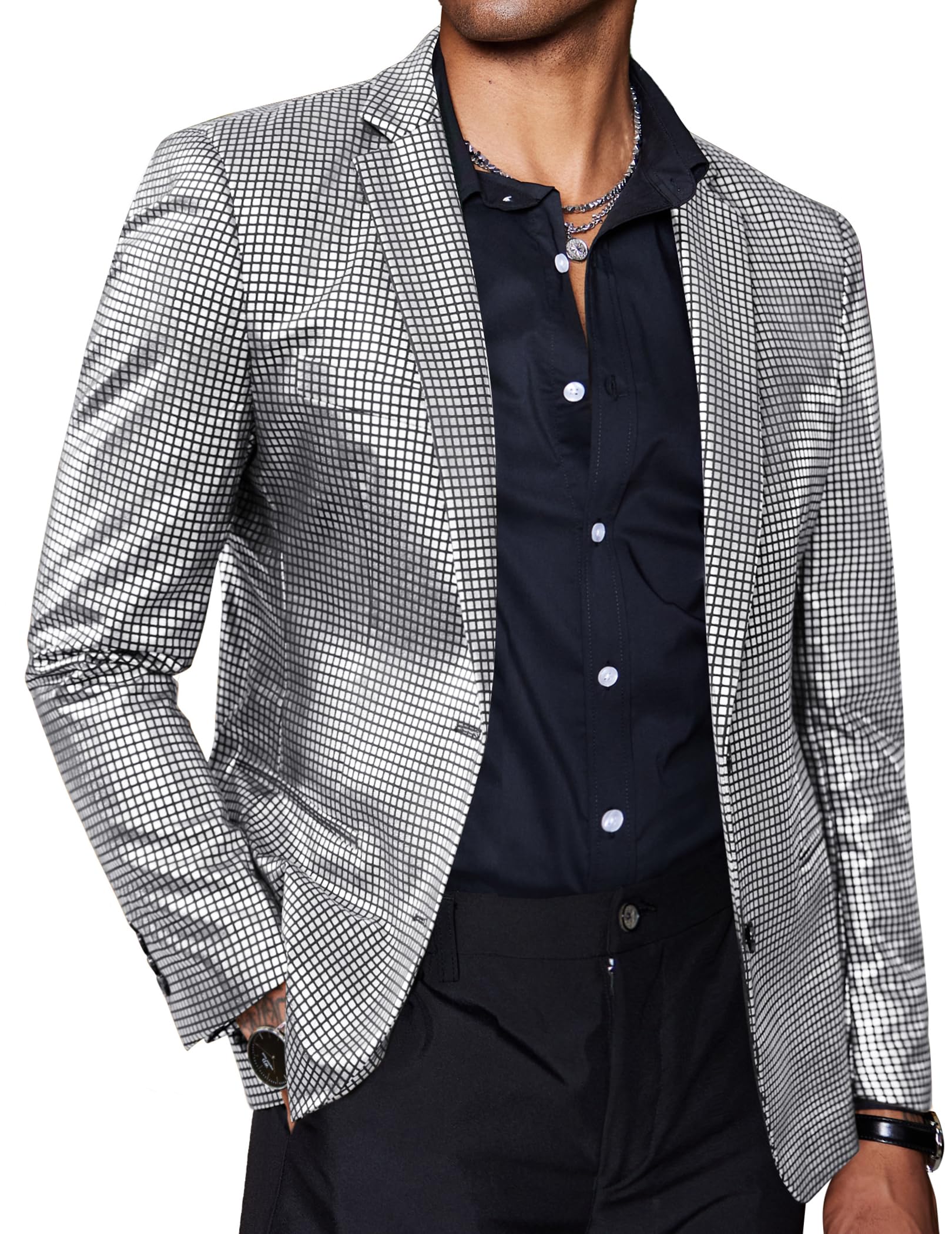COOFANDY Mens Sparkly Blazer Regular Fit Sport Coat Metallic 70s Disco Silver Jacket