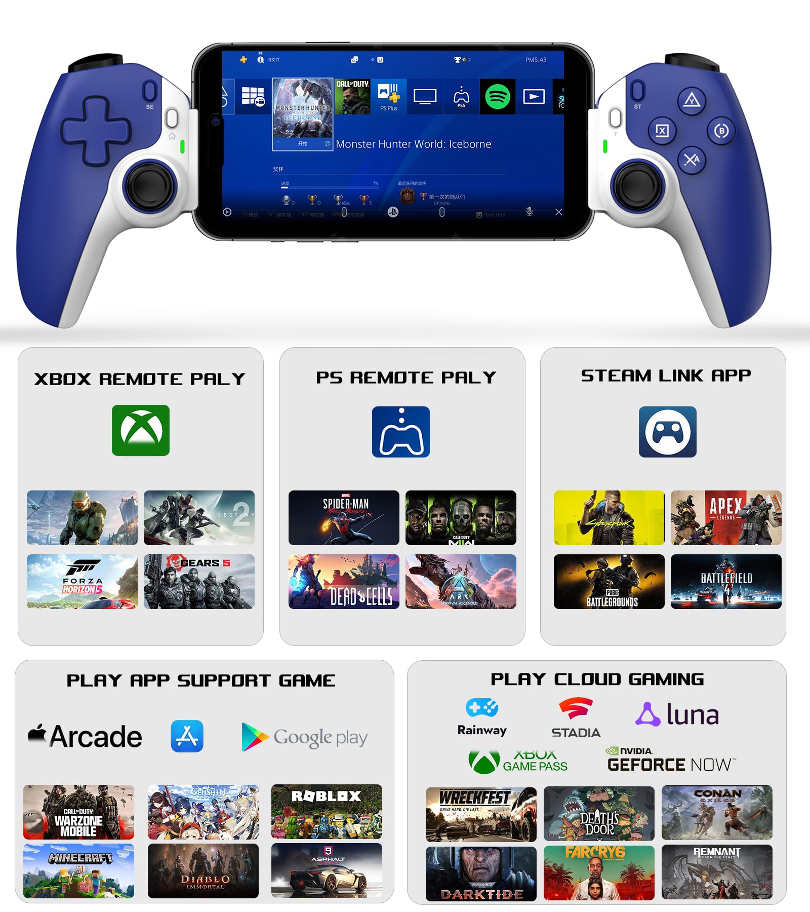 arVin Mobile Gaming Controller für iPhone/Android/Tablet/Switch/PS4/PC,Ersatz für PS Portal,Kabelloses Gamepad mit Hall-Effekt Joysticks/Hall Trigger/Turbo