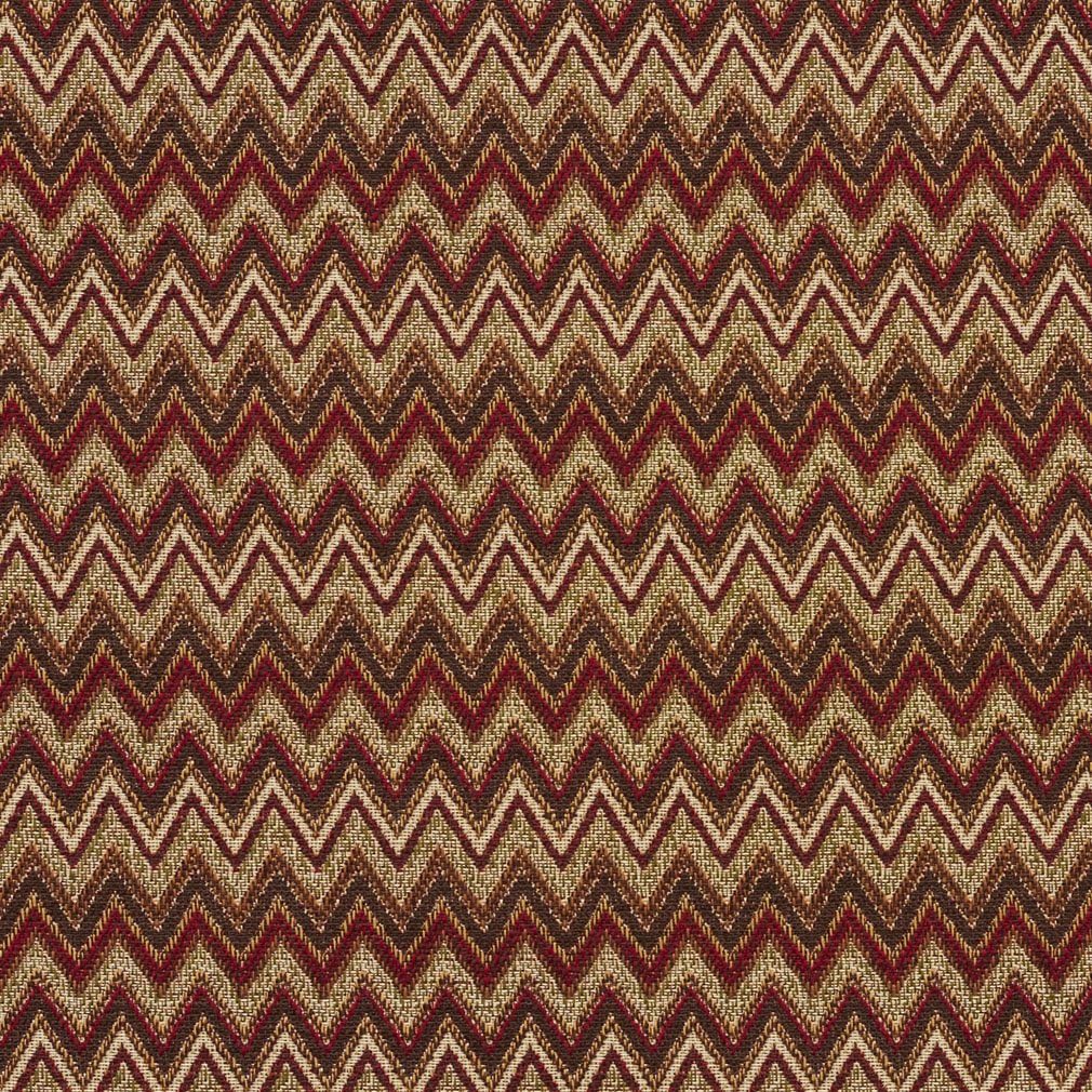 Red, Light Green and Brown Woven Chevron Flame Stitch Upholstery Fabric by The Yard - SKU: Donald Adobe