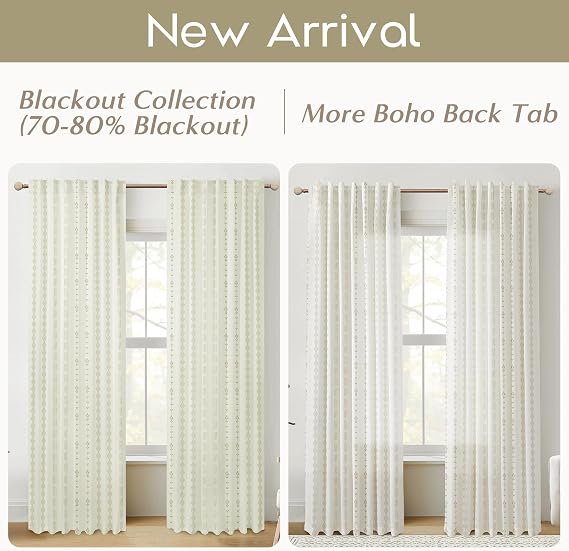 Tan Floral Linen Curtains, Cozy Warm Beige Boho Cottage Semi Sheer Drapes for Living Room Bedroom, 50 W x 84 L