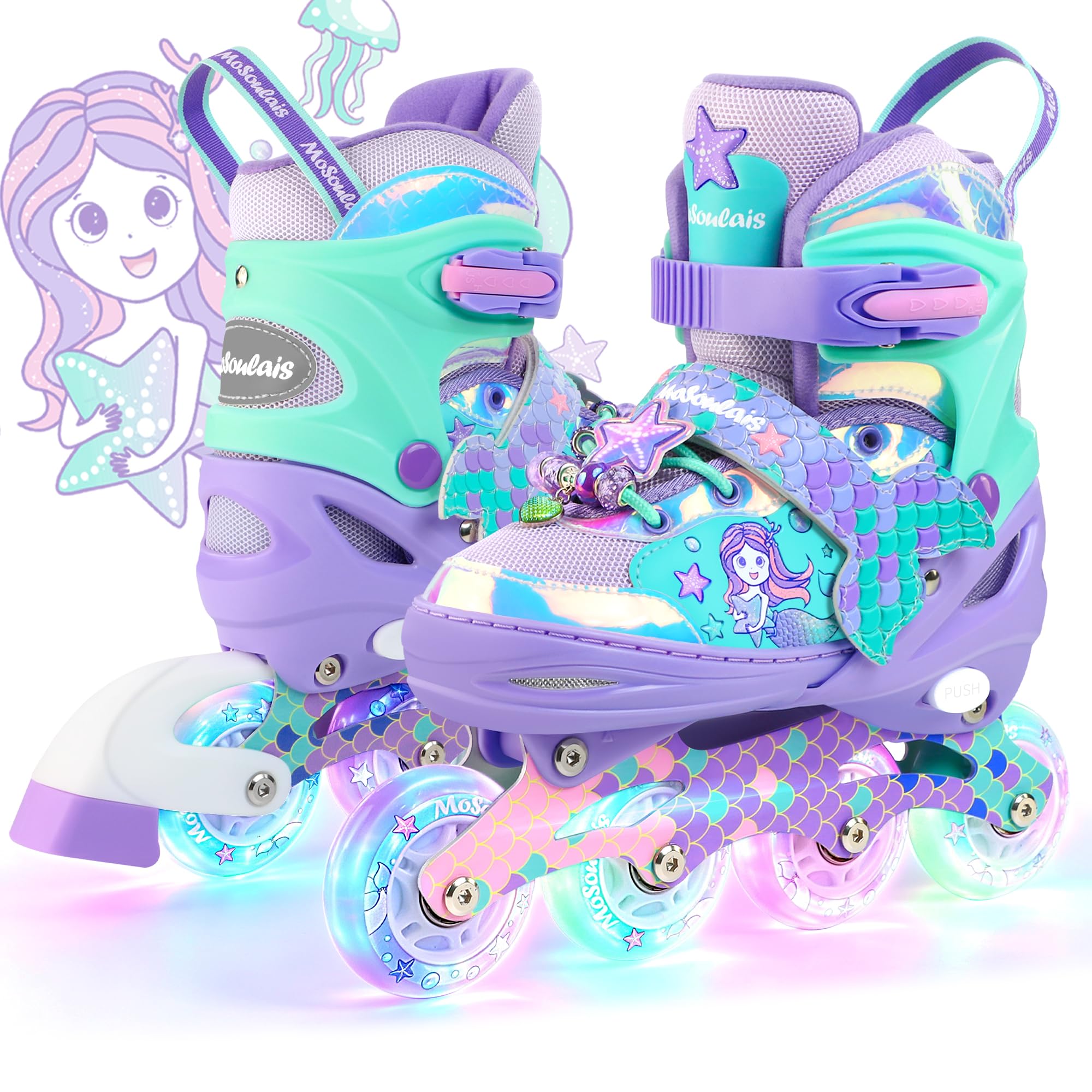 Sirène Patins à roulettes Filles Rollers en Ligne Réglables Tailles Ajustables pour Débutants Filles Garçons Cadeau d'anniversaire Noël