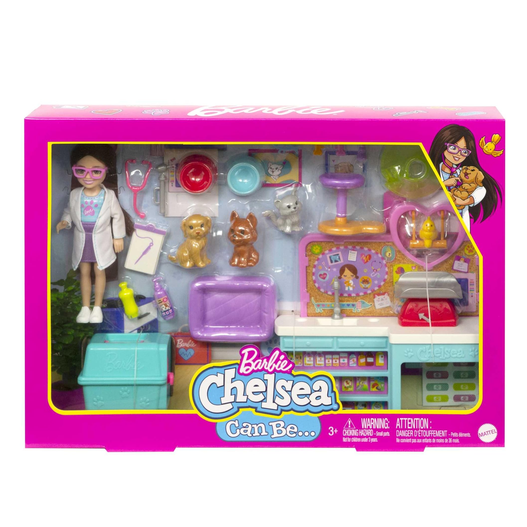 Barbie Chelsea Veterinaria Muñeca niña Morena con clínica para Mascotas y 23 Accesorios, Set de Regalo de Juguete +3 años (Mattel HGT12)