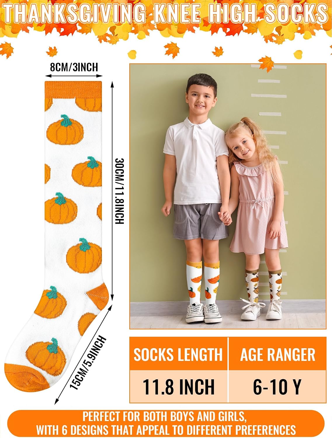 Patelai 6 Pairs Funny Thanksgiving Socks for Kids Knee Autumn Turkey Pumpkin Fall Socks Holiday gift for Child Boy Girl Aged
