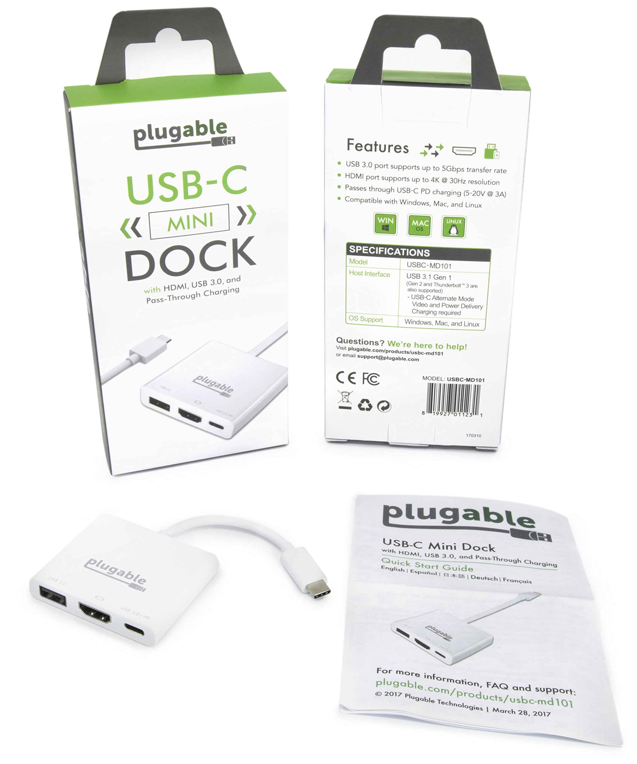 Plugable Mini stacja dokująca USB 3.1 typu C, HDMI, USB 3.0, ładowanie ciągłe USB C do MacBook Pro 2016 i 2017, Dell XPS 13 i 15, Yoga 720, Thunderbolt 3 i innych (rozdzielczość do 4K przy 30 Hz)