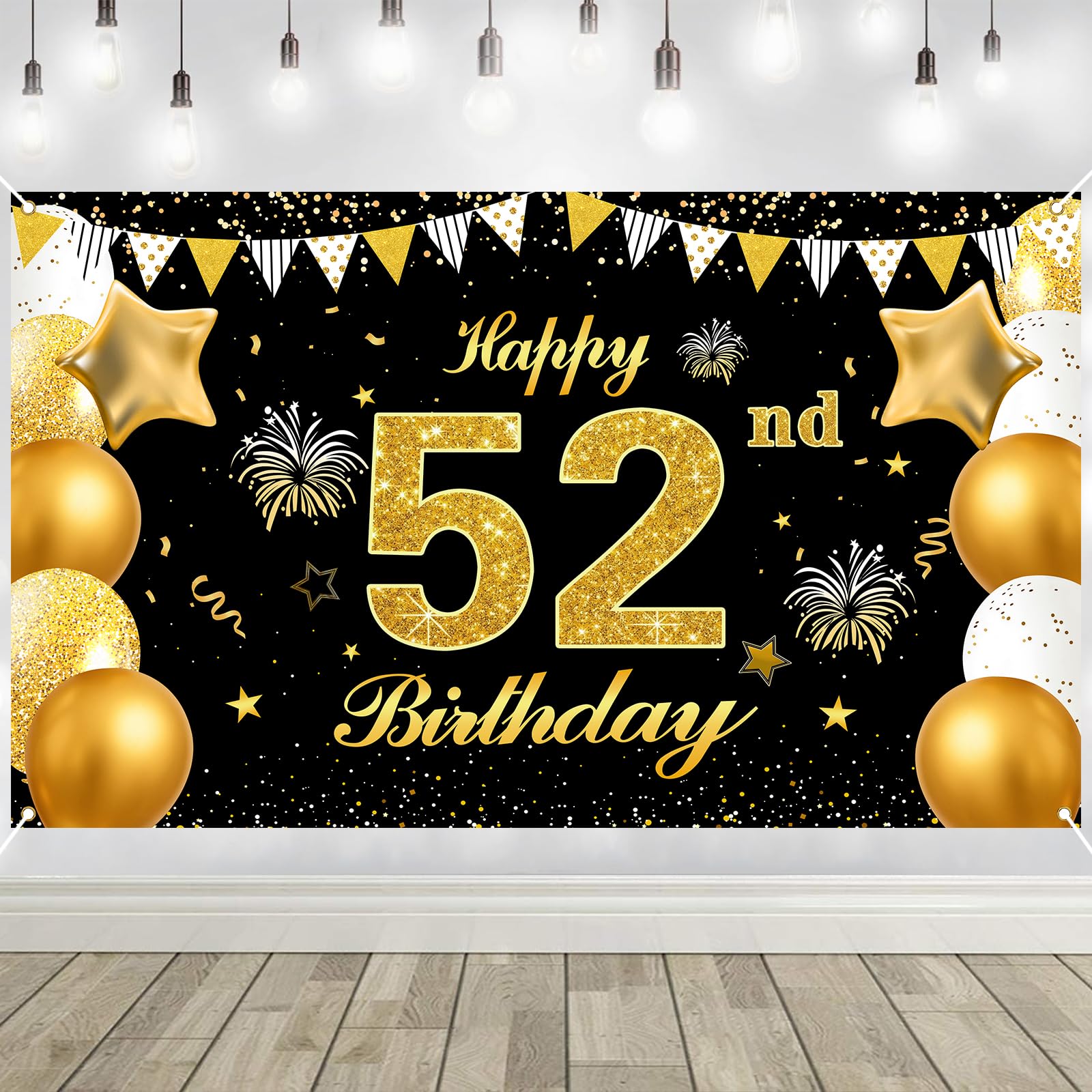 52nd Birthday Decorations Banner Gold Black Happy Birthday Door Banner for Party Photo Backdrop for Men Women Home Outdoor Cover Party Decoration Supplies Poster