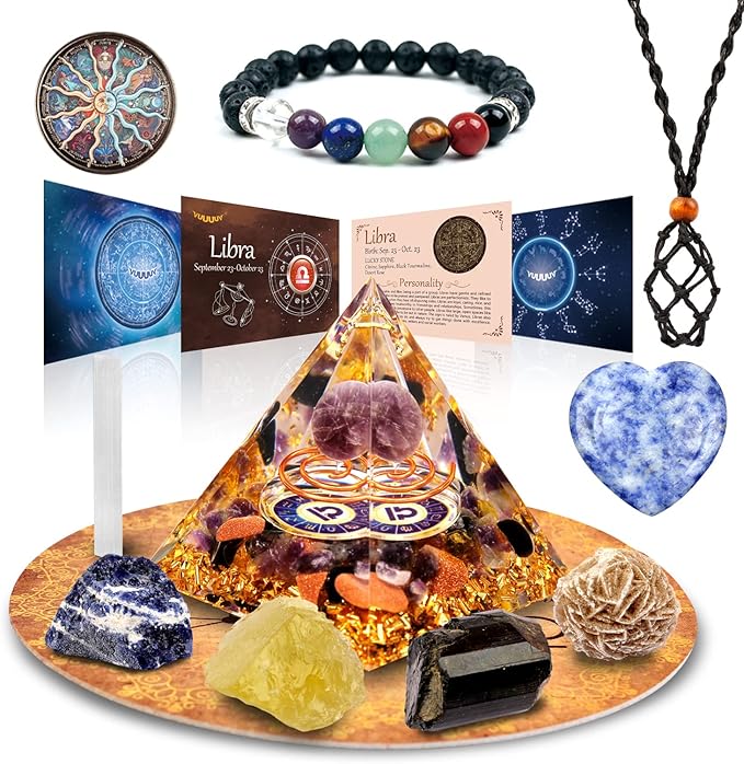 Horoscope Orgone Pyramid , Healing Crystal Gift Set ,Zodiac Sign Stones to Companion Birthstone, for Astrology ,Reiki,Energy Generator, Meditation (Libra)