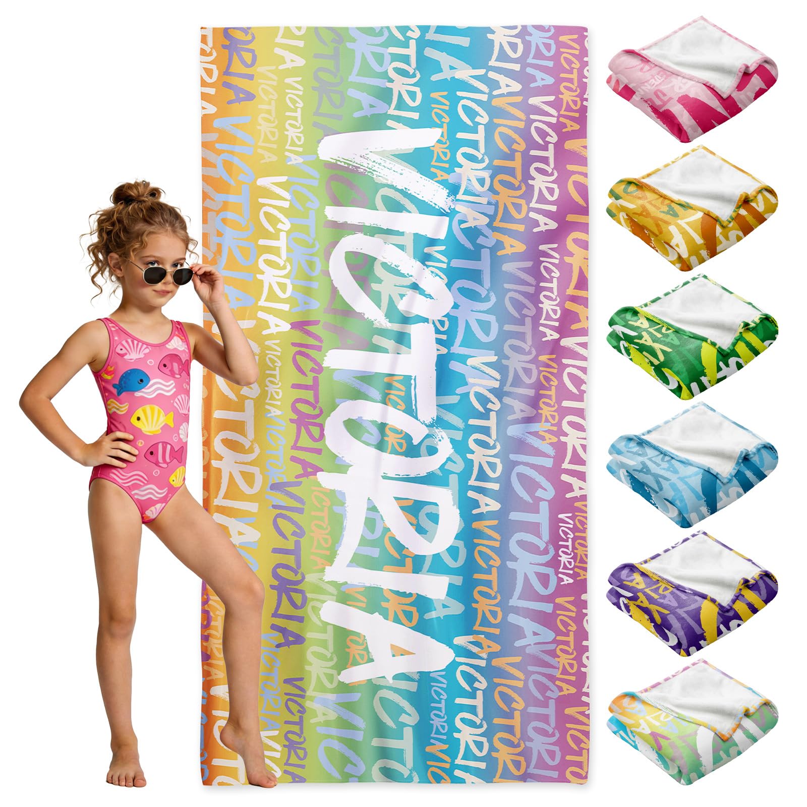 Loosusu Personalised Beach Towels for Kids Adults - Custom Kids Beach Towels with Initial Monogram & Name- Customised Sand Free Quick Dry Kids Bath/Pool/Swim Towel for Boys Girls(24 Colors)