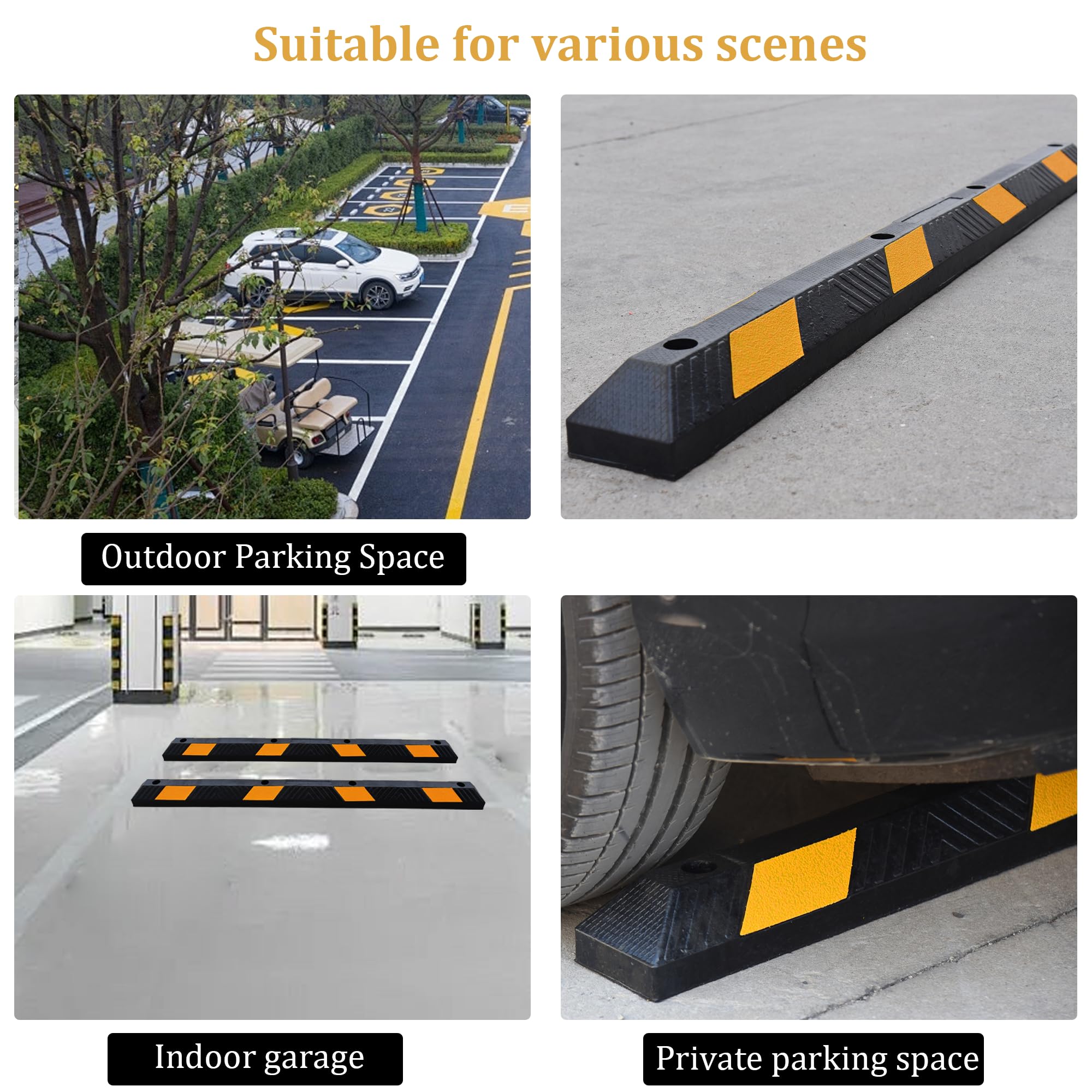 OrangeStar 72" Rubber Parking Curb, Heavy Duty Garage Floor Wheel Stopper w/Yellow Reflective Stripe for Car, Truck, Trailer, 2 Pack