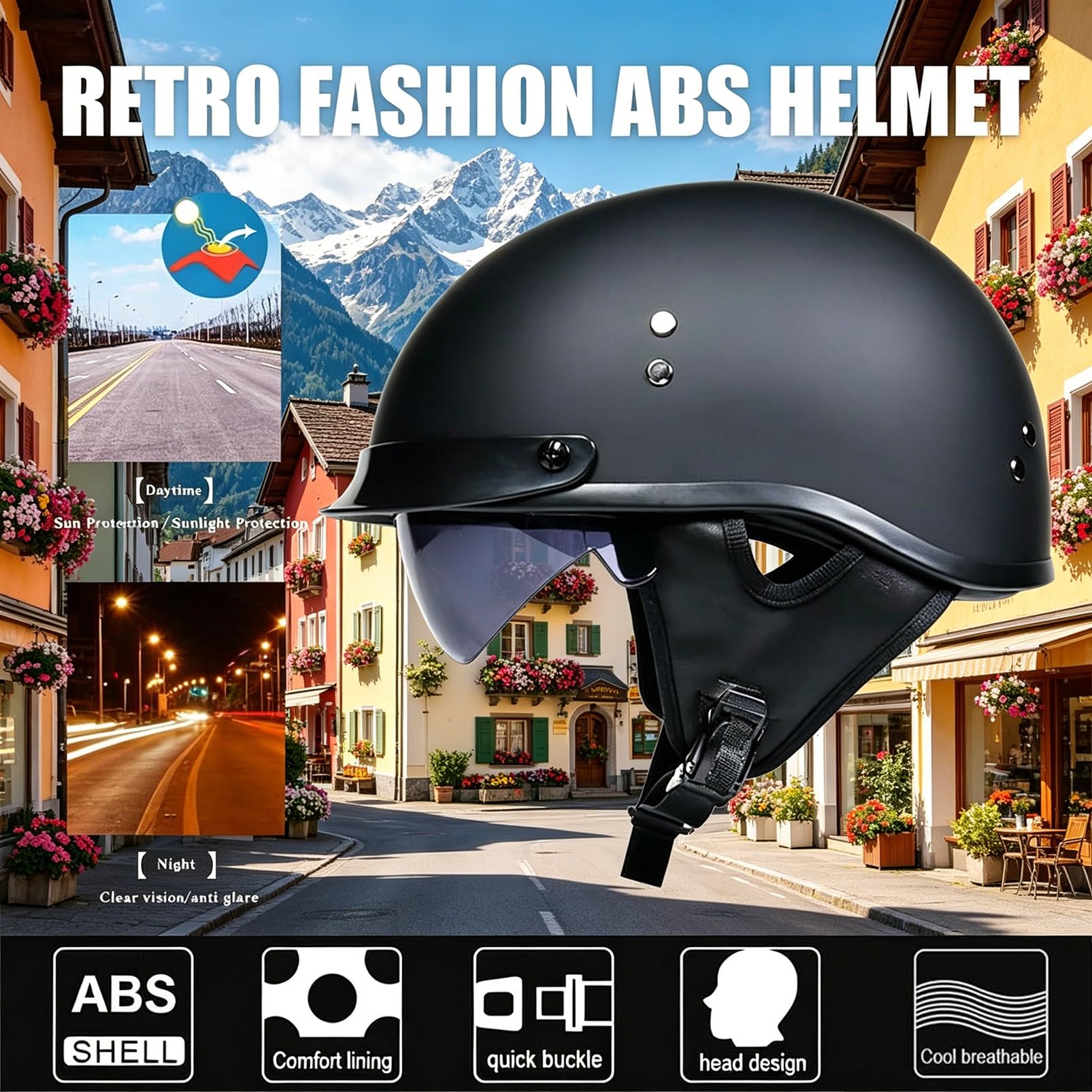 Kask Motocyklowy Orzeszek Germanic Heritage, ECE R22.06 Retro Kask z Blendą Przeciwsłoneczną na Chopper & Skuter, Maska w Zestawie
