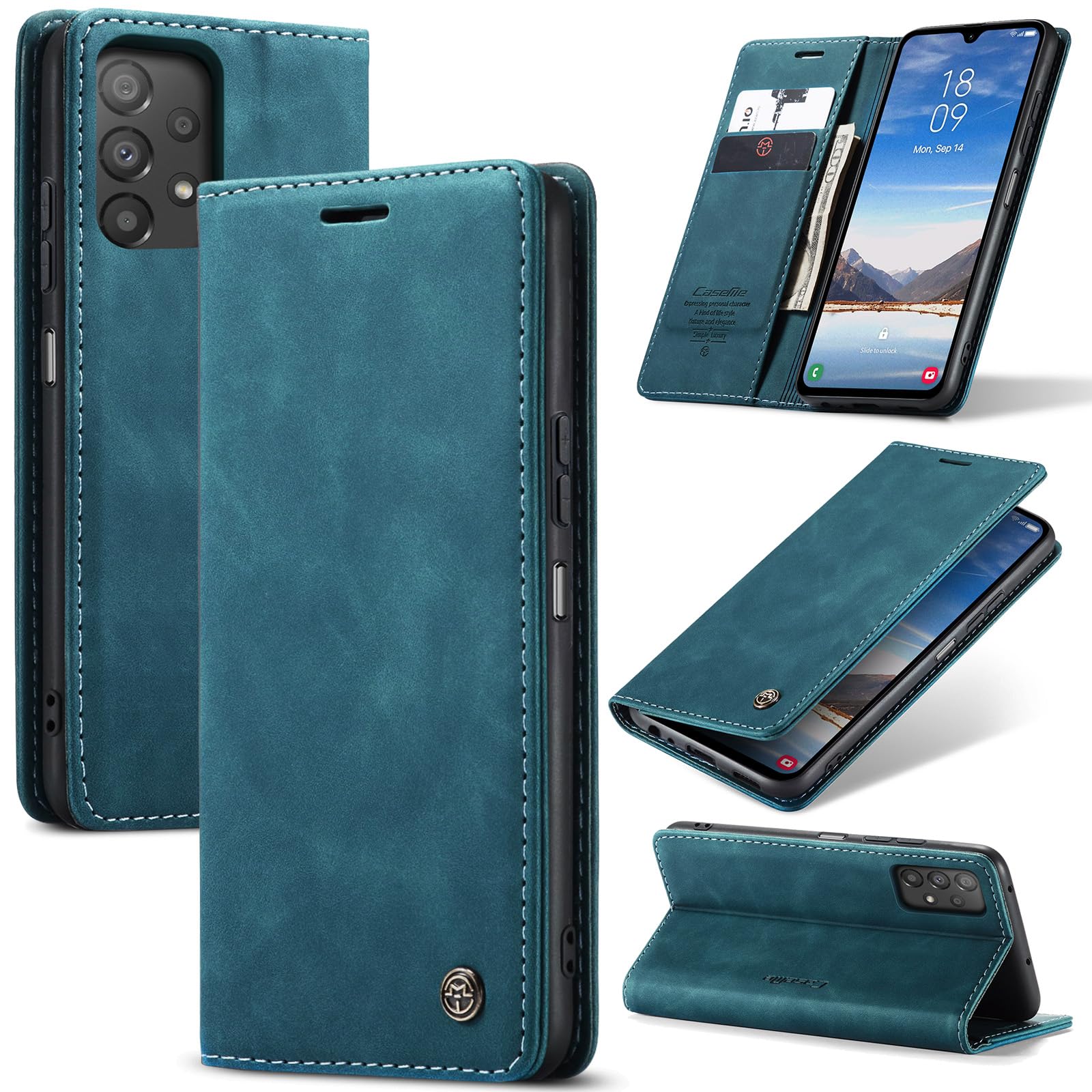Azororo Cover per Samsung Galaxy A52 5G, Premium PU Pelle Custodia, Magnetica Carta Fessura Portafoglio Case, Flip Cavalletto Custodia per Samsung Galaxy A52 - Blu verde
