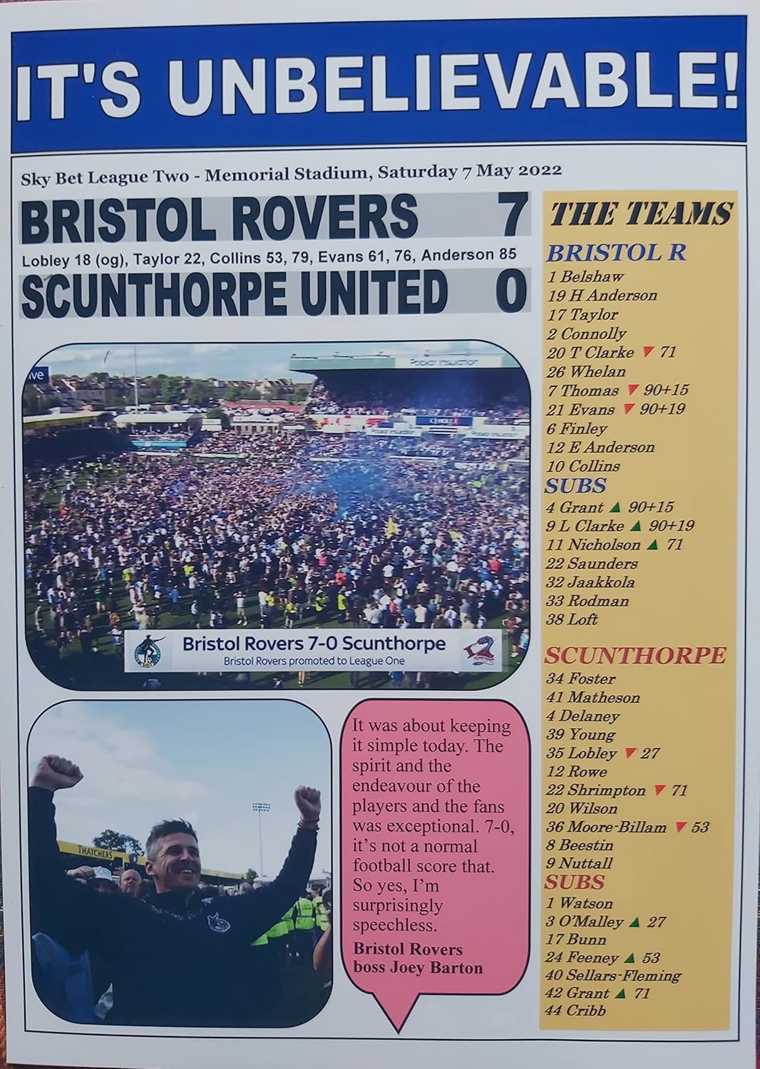 Bristol Rovers 7 Scunthorpe United 0 - League Two 2022 - Bristol Rovers promoted - souvenir print