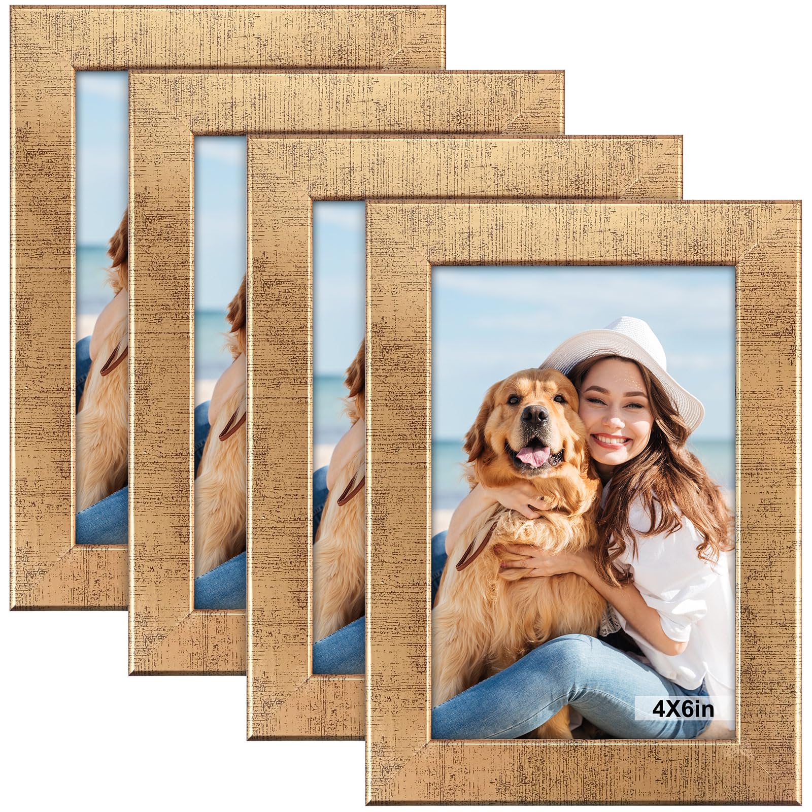 6x4 Picture Frames - 4PCS 4x6 Vintage Picture Frames Stand Free-standing Horizontally & Vertically Simple Photo Frames for Home Office Living Room Décor (Gold)