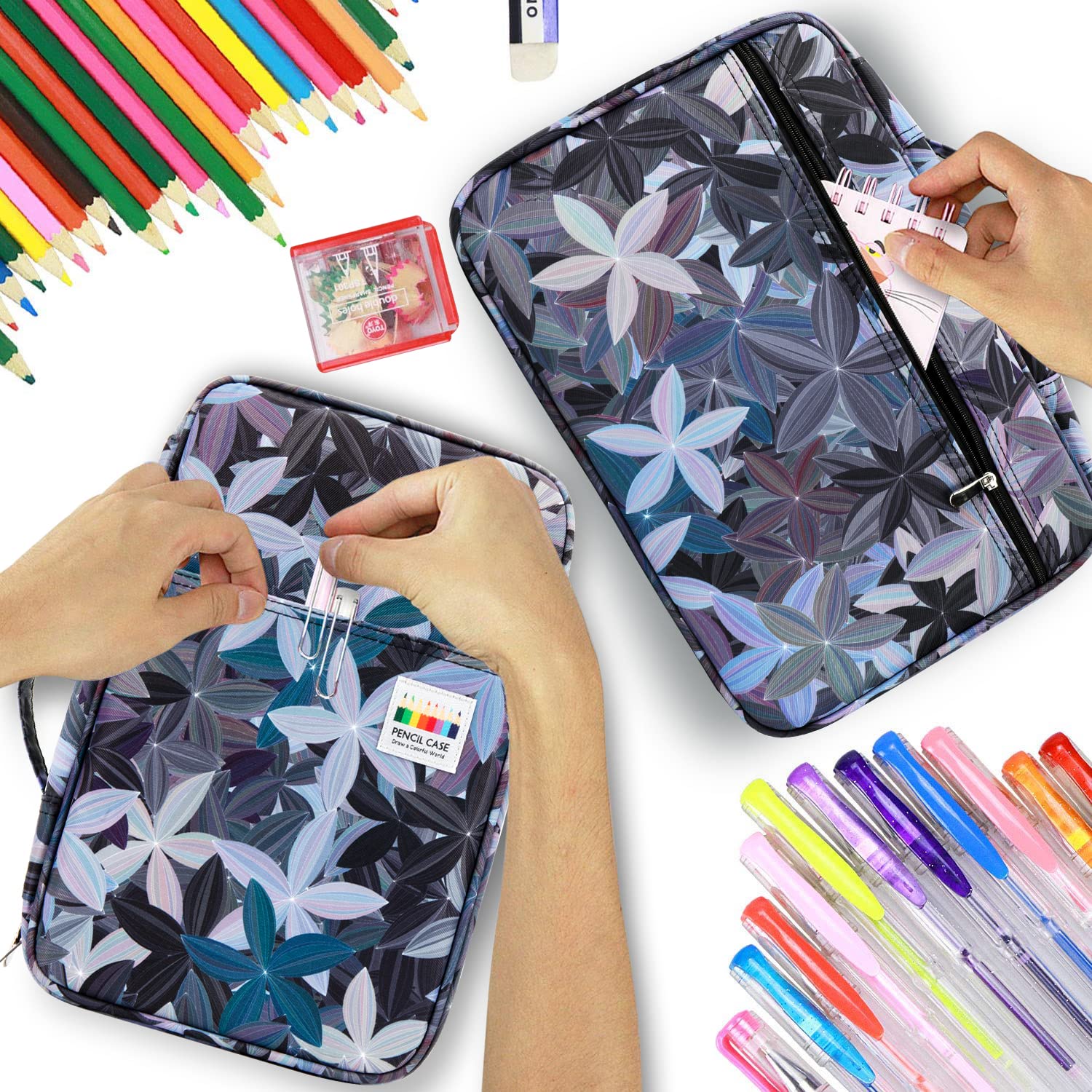 YOUSHAERS Federmäppchen mit 300 Fächern, buntes Federmäppchen mit mehrlagiger Halterung für Prismacolor Buntstifte und Gelschreiber (Blätter)