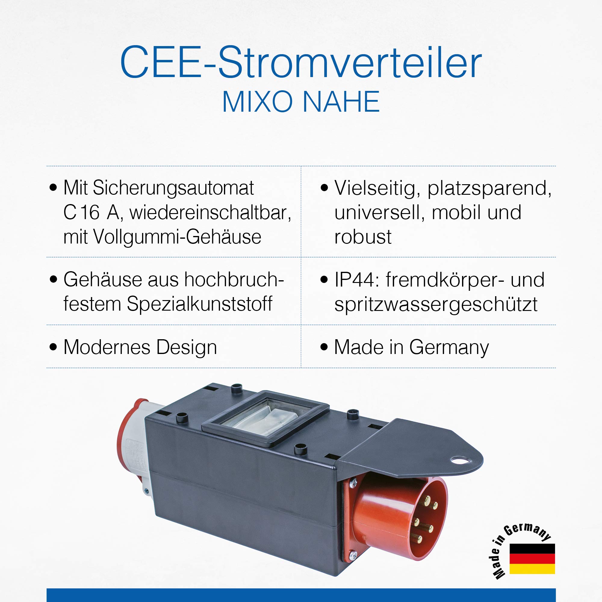 Schwabe MIXO Starkstromverteiler CEE-Stecker 400V/32A/5-polig 11 kW LS Stromadapter CEE Steckdose 400V 16A 5-polig IP44 Made Germany