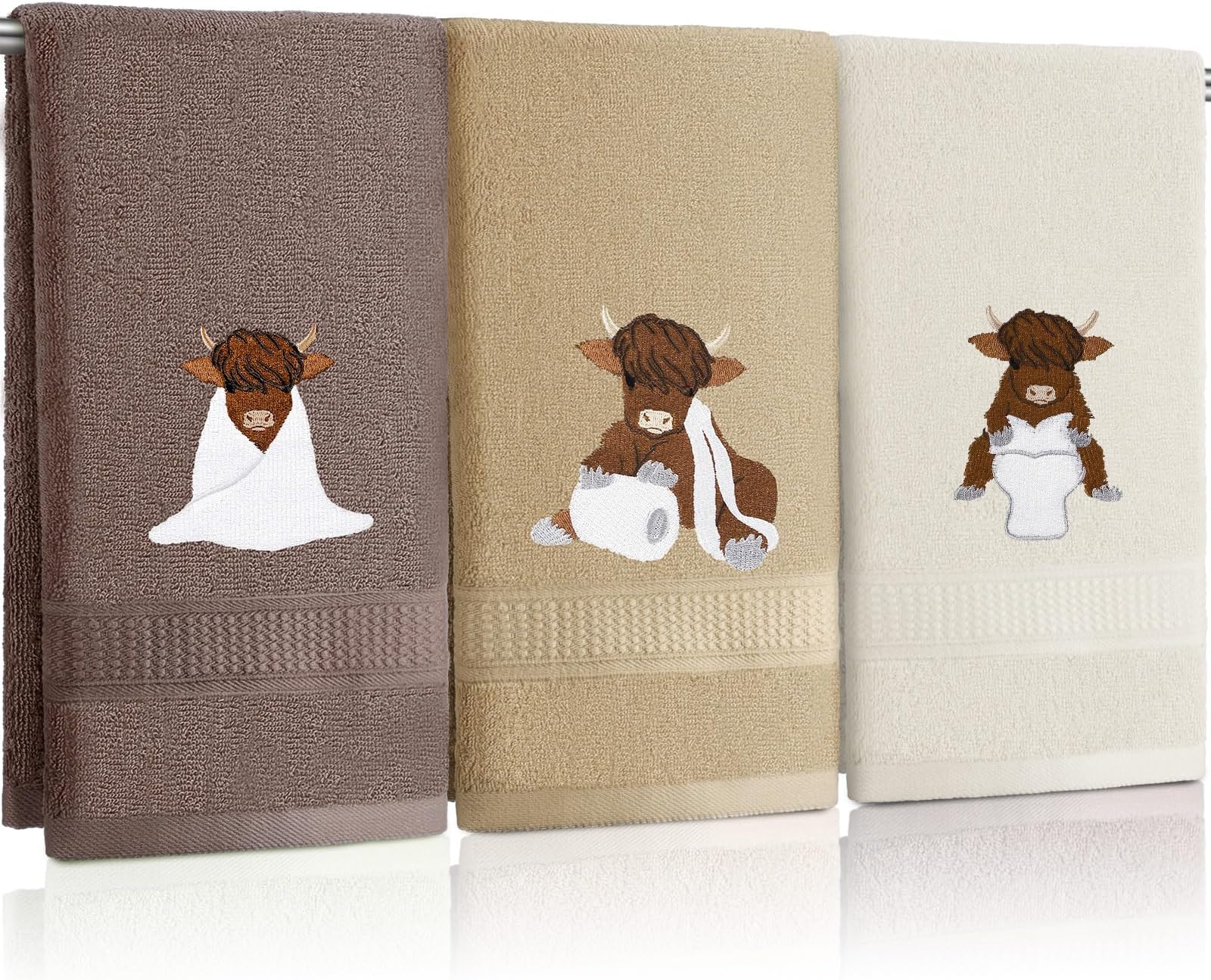 FuWeave 3 Pcs Highland Cow Hand Towels Embroidered Cow Farmhouse Decorative Bath Towels for Bathroom Kitchen Decor Country Farm Highland Holiday Housewarming Gifts, 100% Cotton, 13.3 x 29.5''