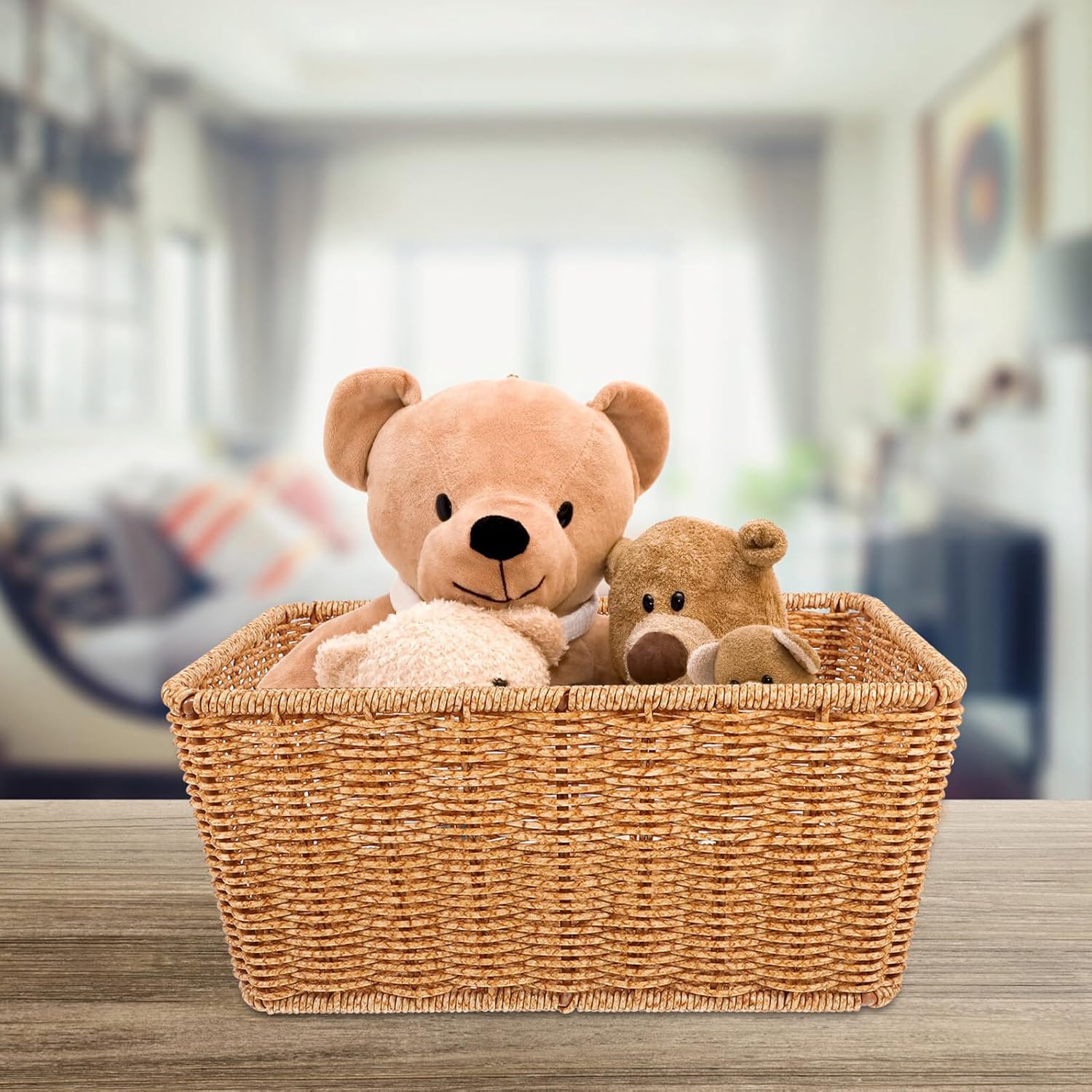 Unomor Woven Fruit Storage Basket for Kitchen and Supermarket, Rattan-style Snack and Sundries Organizer, 34.5×25.5×13cm Light Coffee Color, Home Display and Shelf Storage Basket