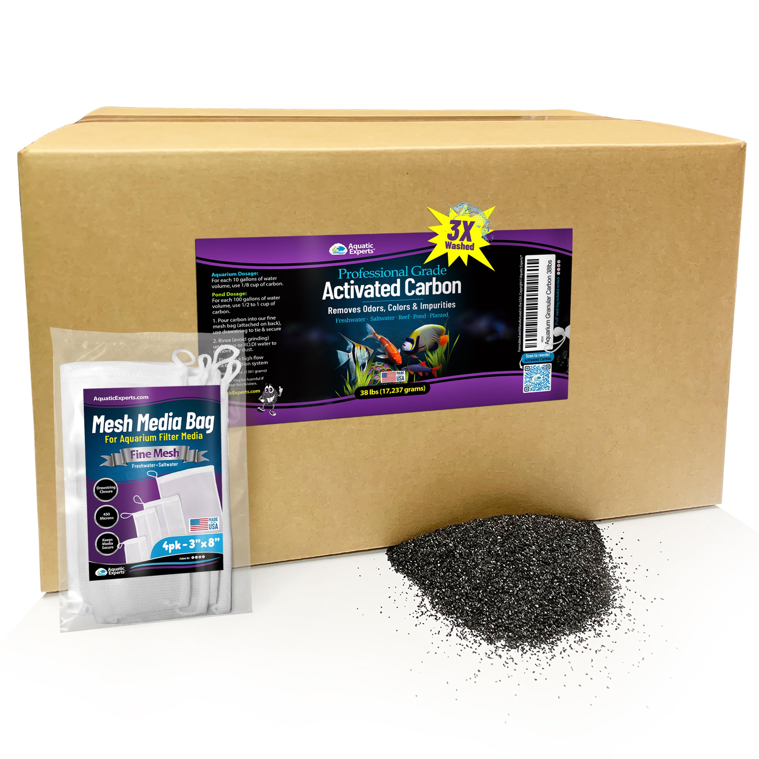 Premium Activated Carbon, Aquarium Carbon for Fish Tank Filter, Aquarium Filter Media, Granulated Charcoal for Fish Tanks, Activated Charcoal Bulk (38 lbs with 4 Pack 5"x9" mesh Bags)