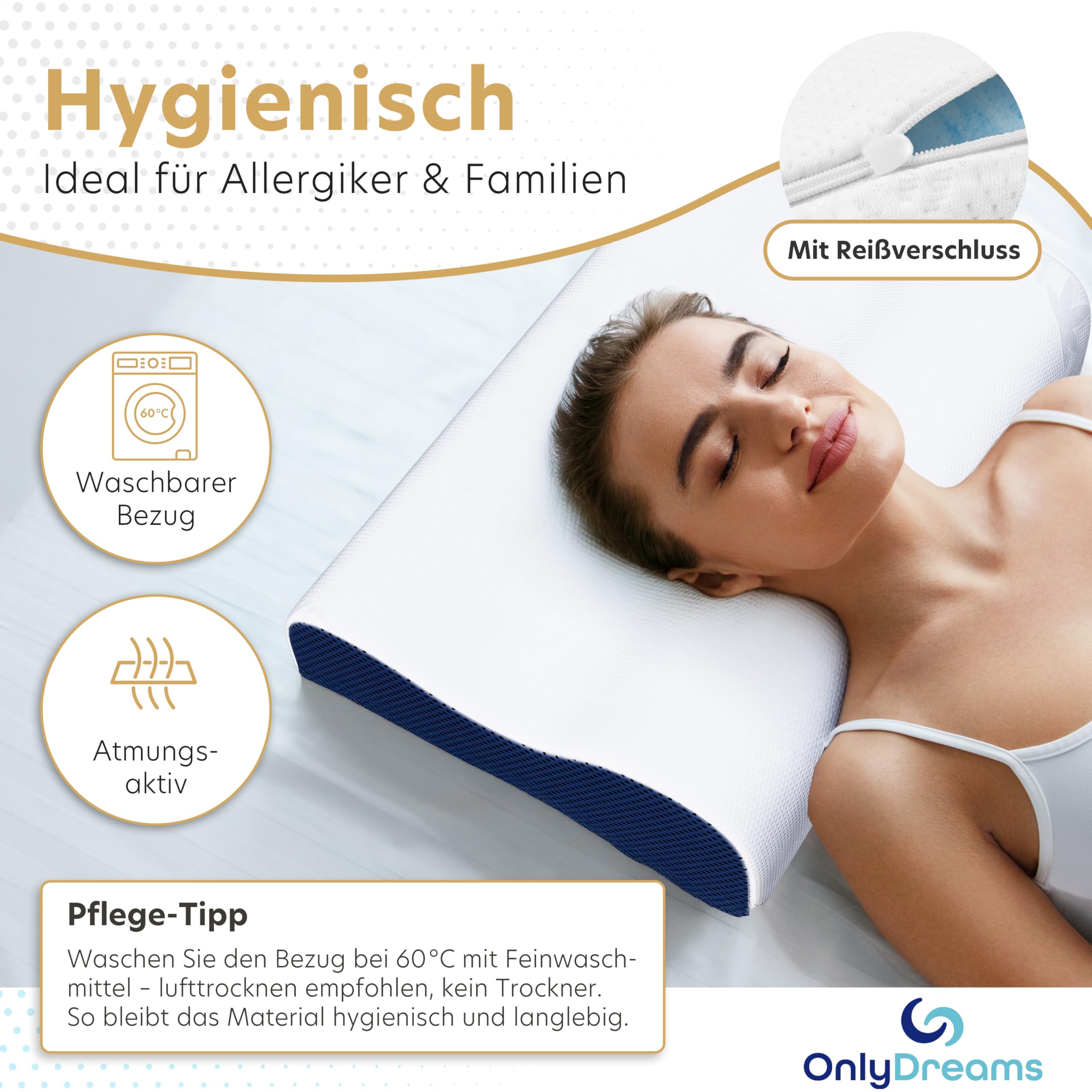 OnlyDreams - Ergonomisches Gelschaum Nackenstützkissen | Höhenverstellbar + Härte wählbar | Aloe Vera Bezug | Kopfkissen für Rücken-, Bauch- und Seitenschläfer - Oeko-TEX (Premium - Gelschaum)