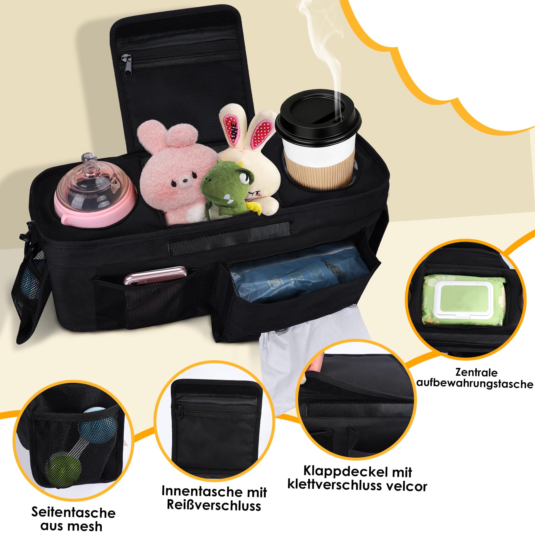 Universal Kinderwagen Organizer mit isolierten Getränkehalter/Becherhalter, Verstellbare Baby Buggy Kinderwagentasche für Windeln & Handys, Baby Kinderwagen Schultergurt & Zubehör (Schwarz)
