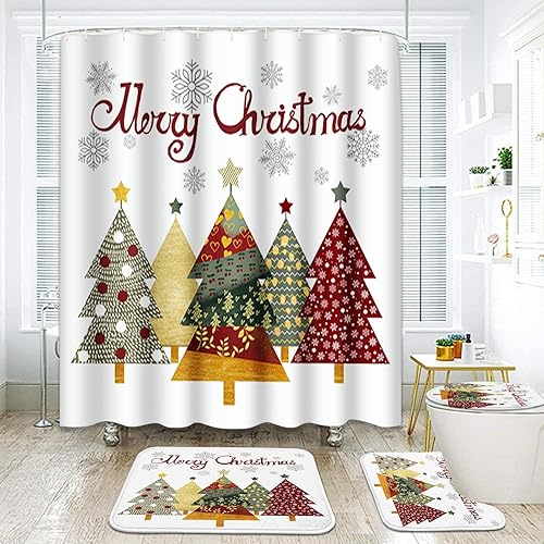 Juego de baño con cortina de ducha y accesorios de alfombras, árbol de Navidad, bola roja, cortina de ducha de nieve para baño, decoración de baño