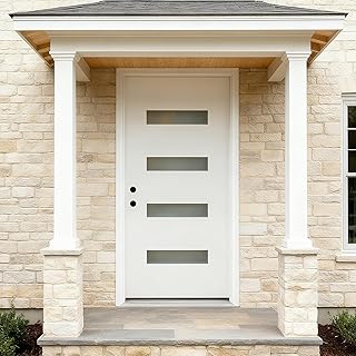 36 x 80 Fiberglass Entry Door with Brickmould, White Finish Knock-Down Fiberglass Door with 4-9/16 Vinyl Frame, 4-Lite Frosted Glass - Contemporary Style for Home's Front Entrance,Right Hand Inswing