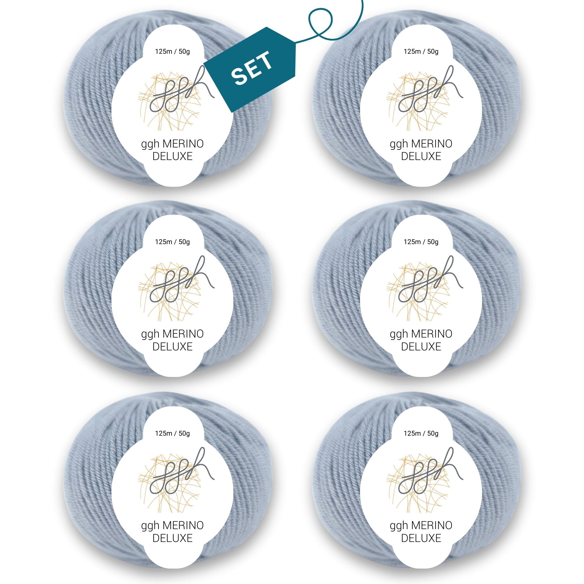ggh Merino Deluxe zestaw 300 g (6 x 50 g), 100% wełna z merynosów, ekstrafina, do robienia na drutach, w wielu kolorach, kolor 006, jasnoszary