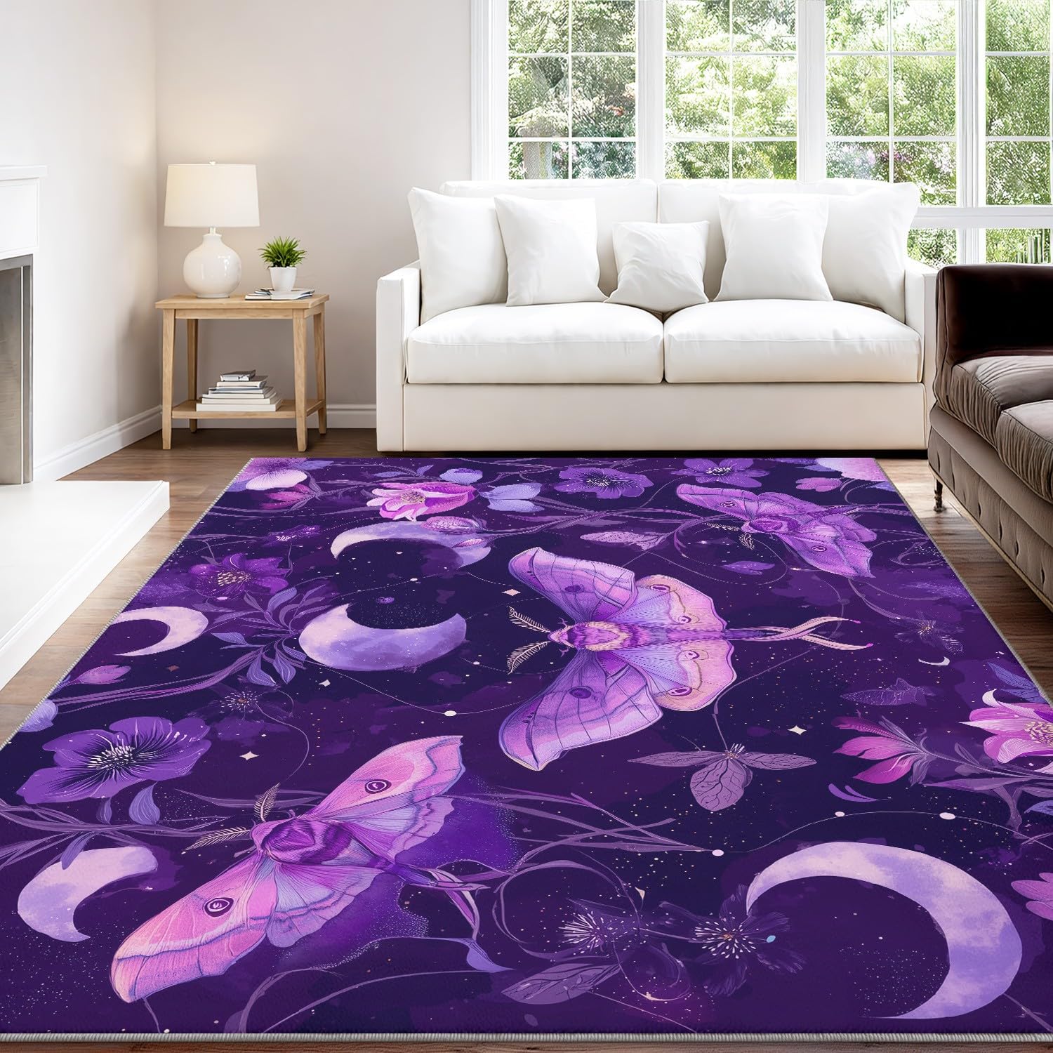 Generico 140 x 200 cm Dywan z krótkim włosiem, gotycki tajemniczy artystyczny wzór fioletowy ćma księżyc dywan dekoracje dywanowe, antypoślizgowe dywaniki nadające się do prania do pokoju dziewczynki