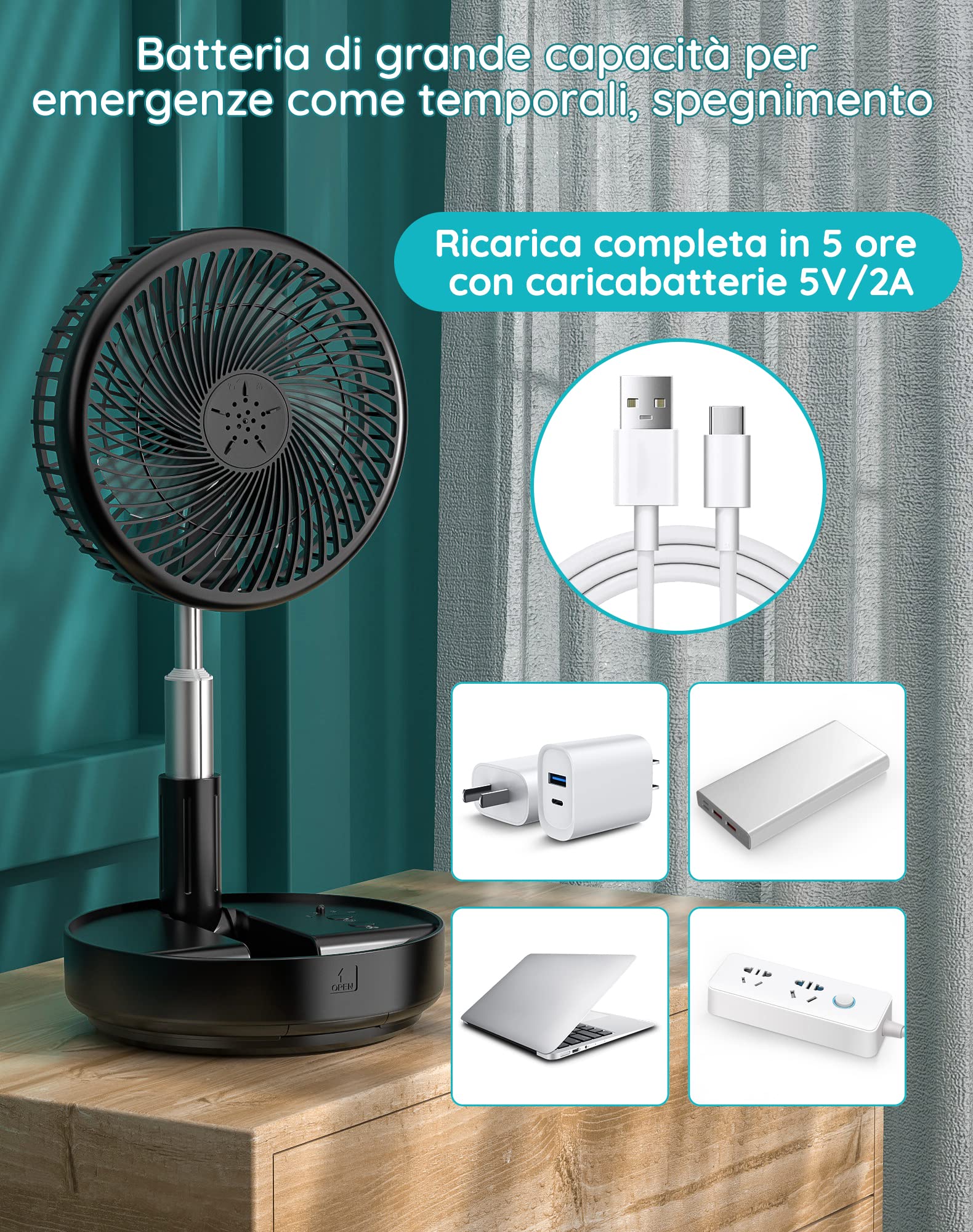 Primevolve Ventilatore oscillante portatile, Ventilatore a piantana con telecomando,Ventilatore portatile da tavolo USB senza fili a 4 velocità per,viaggi in camera da letto campeggio 8" (Nero)