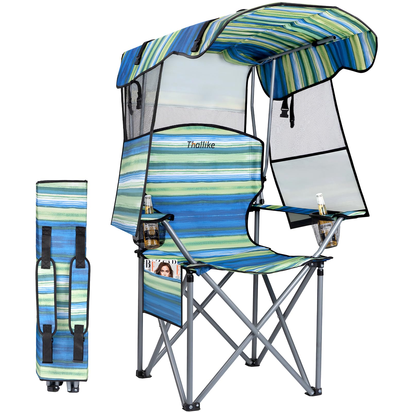 Folding Camping Chair with Reinforced Shade Canopy Comfortable Wide Seat with Cup Holder and Side Pocket Portable Outdoor Chair for Beach Fishing Sports Lawn Supports 350 LBS