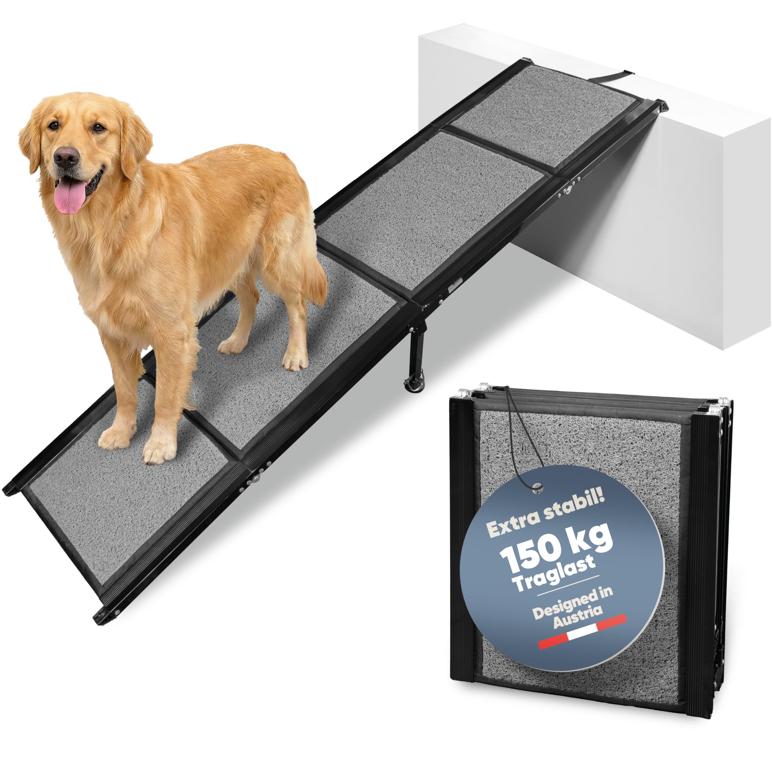 Rampa per cani per auto, pieghevole, 120 kg, extra stabile, con base aggiuntiva, 170 x 44 cm, per auto e SUV