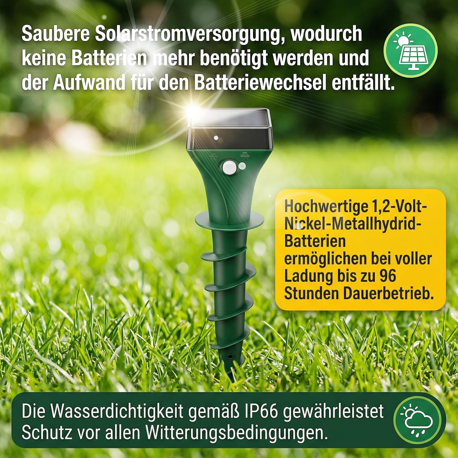 Maulwurf Vertreiber,Ultraschall Wühlmaus Vertreiben mit KI-Wechselfrequenz, IP65 Wasserdicht Maulwurfschreck für Garten und Rasen, Wühlmausschreck & Marderschreck Mole Repellent Outdoor Ultrasonic