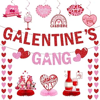 Galentines Gang Banner: Happy Valentines Day Party Decorations Red Pink Glittery Heart Garland Happy Galentines Day Bachelorette Floral Bridal Shower Anniversary Red and Pink Glitter Party Supplies