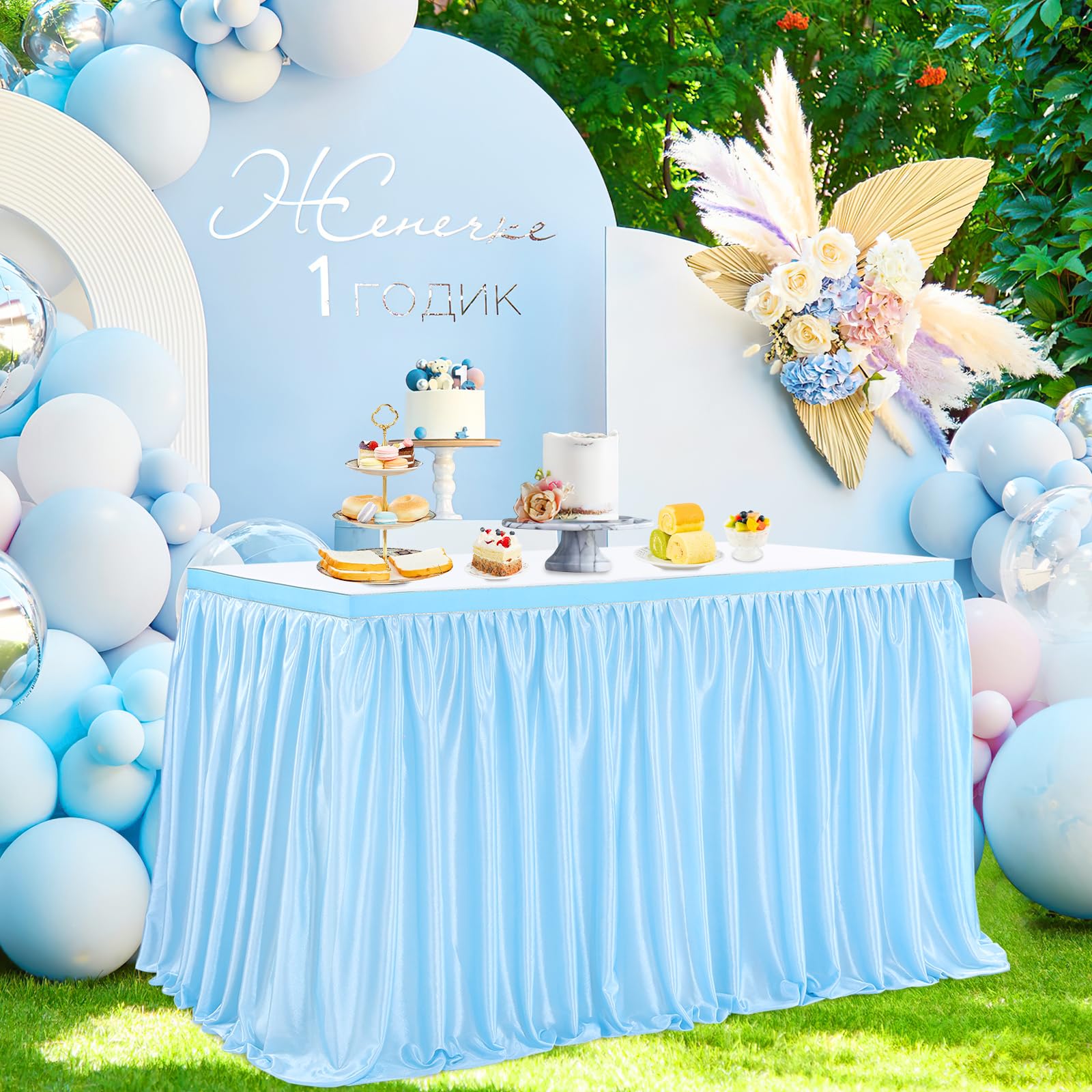 QueenDream 14ft Baby Blue Table Skirt for Birthday Party Polyester Table Skirt for Boy Gender Baby Shower Mermaid Theme Party Decoration