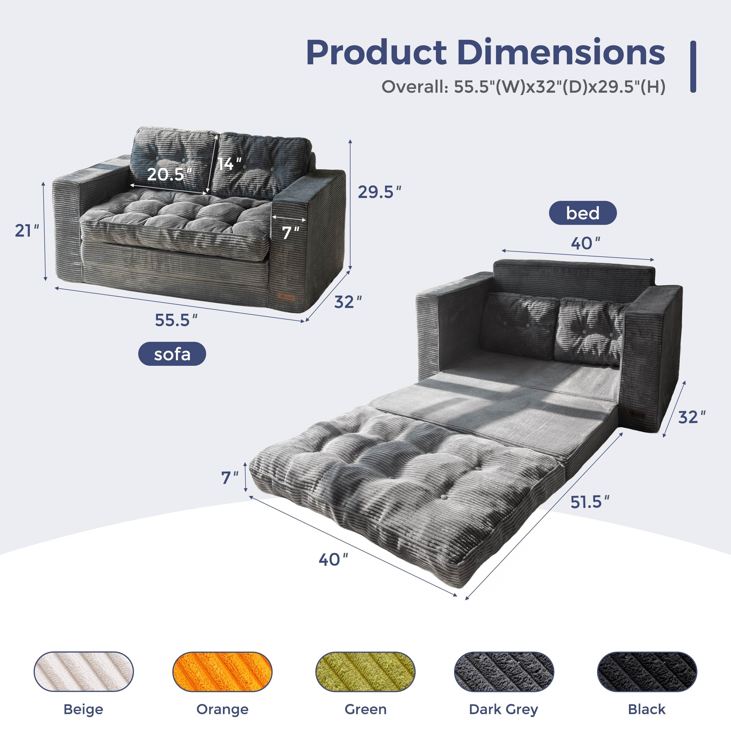 Sofá cama convertible, sofá biplaza extraíble, sofá cama plegable 2 en 1, sofá cama plegable con almohadas para sala de estar, dormitorio, sala de estar, color gris oscuro 2