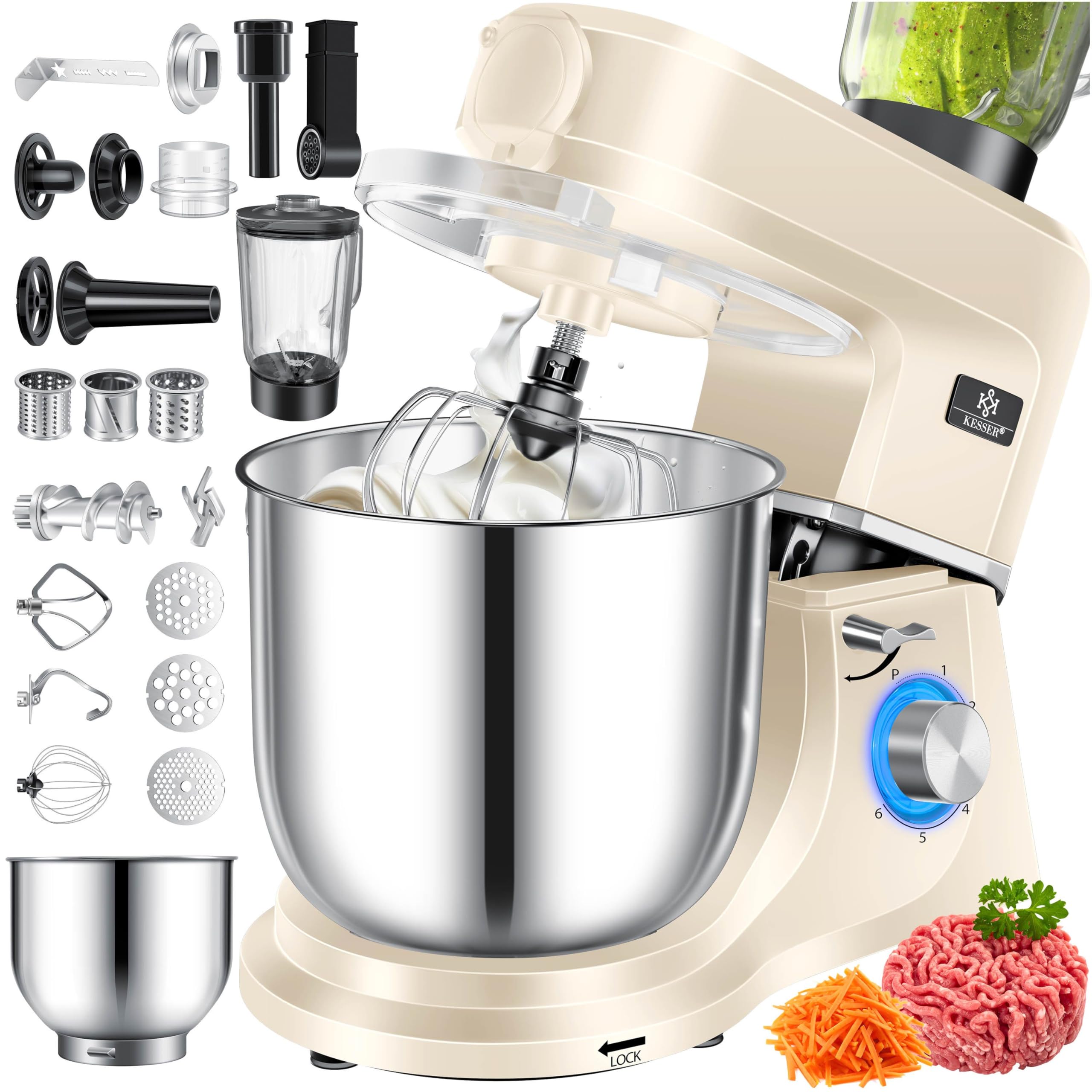 KESSER® Küchenmaschine 3in1 mit Fleischwolf & Mixer, 1500W Knetmaschine 5,5L Rührschüssel + Spritzschutz, 6 Geschwindigkeiten, Knethaken, Schneebesen, Rührhaken & Raspeln, Backen & Kochen, Creme