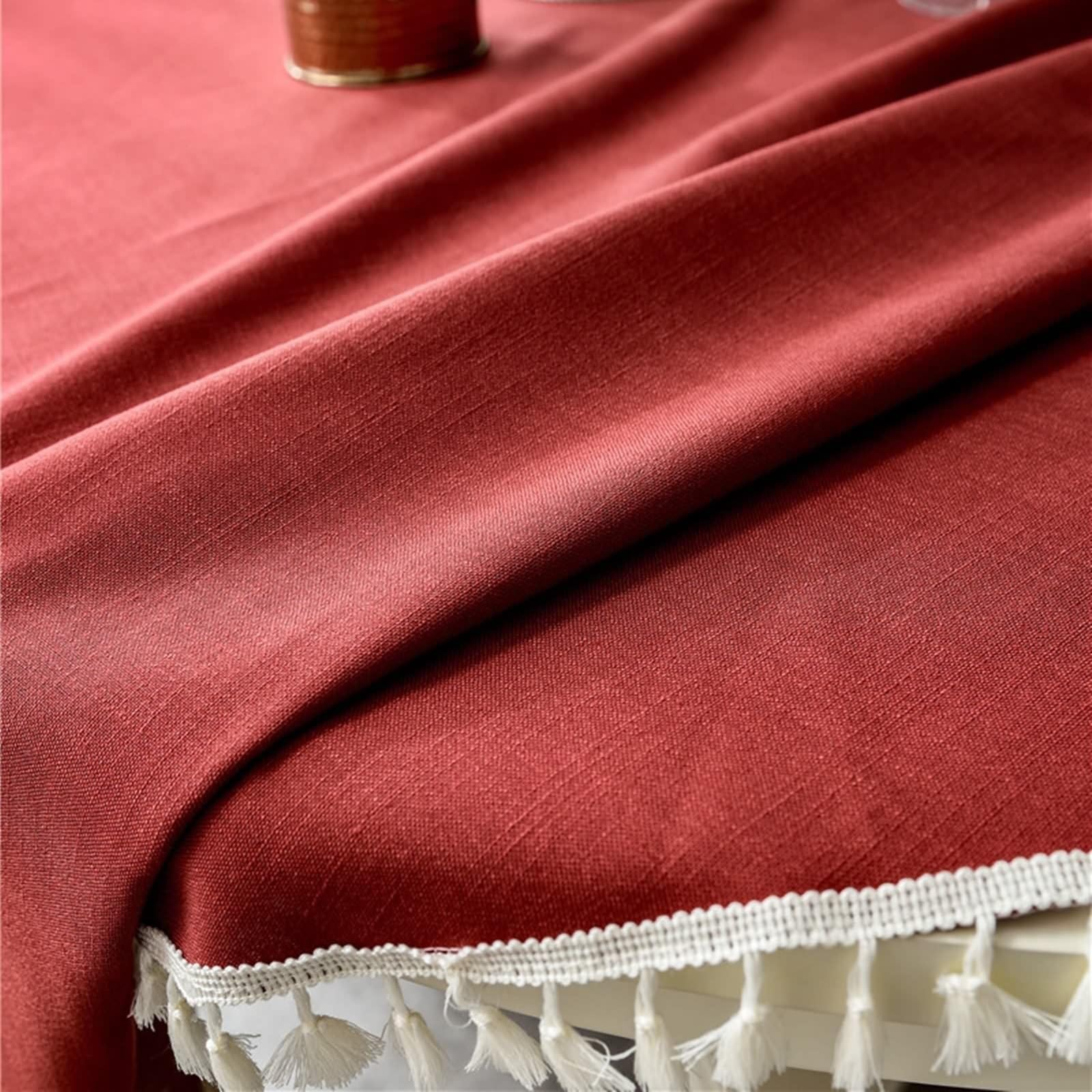 Nappe Anti Tache Ronde 260 cm, Nappe Table Basse Polyester 6-8 Personnes Rouge Uni avec Pompons