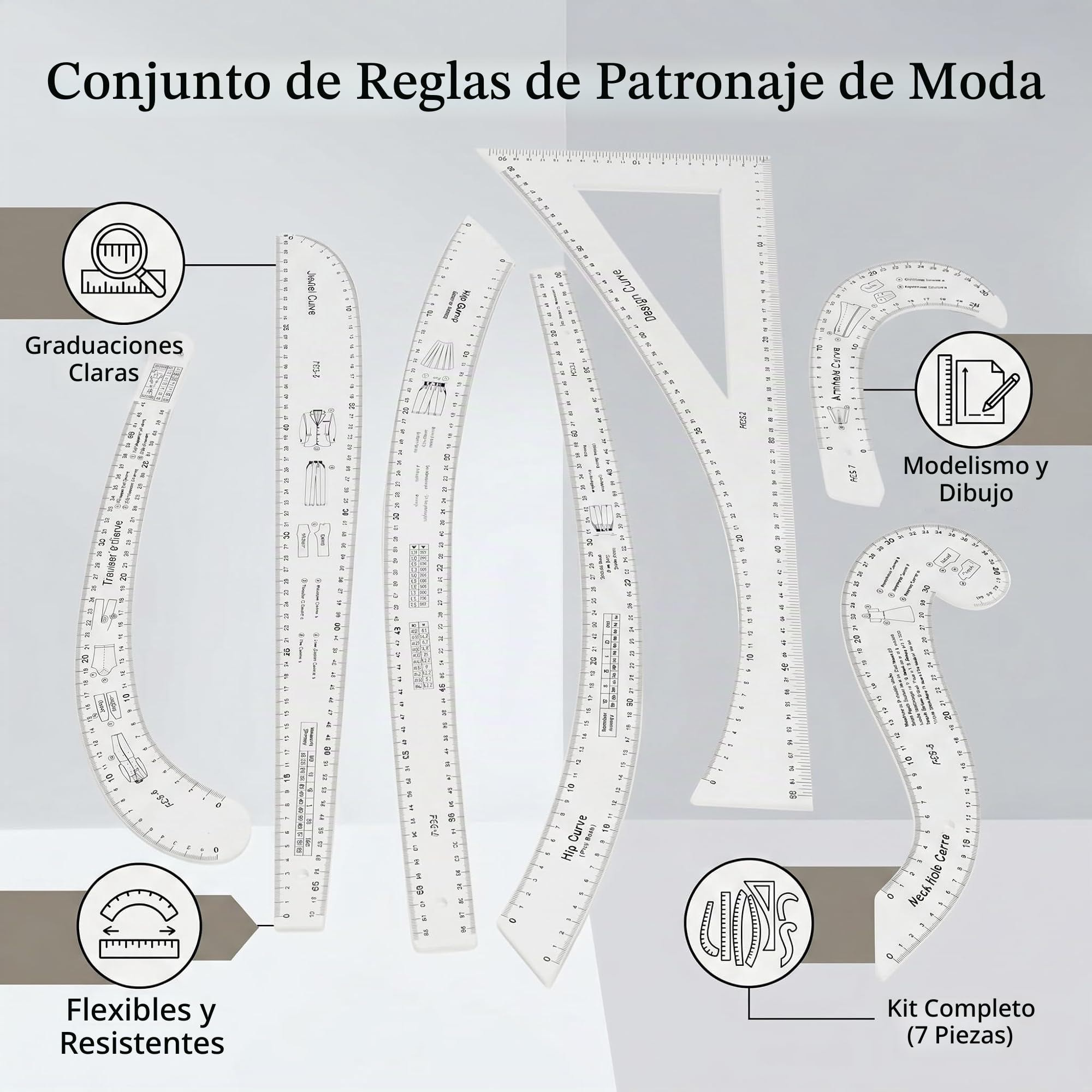 Juego de 7 Reglas Curvas Francesas para Diseño de Patrones, Costura y Confección de Moda, Material Acrílico