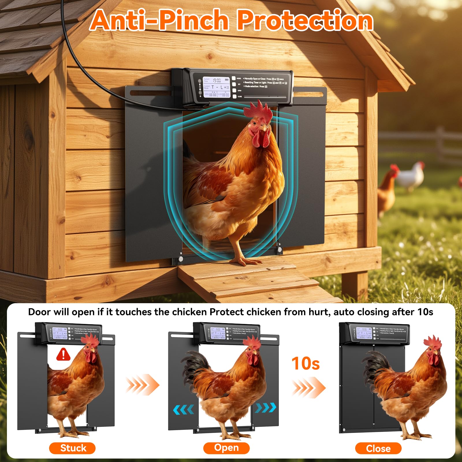 Puerta automática de gallinero de tamaño grande, 7 W, funciona con energía solar, temporizador y sensor de luz, puerta de pollo de seguridad antipellizcos, control remoto, puerta de aluminio a prueba