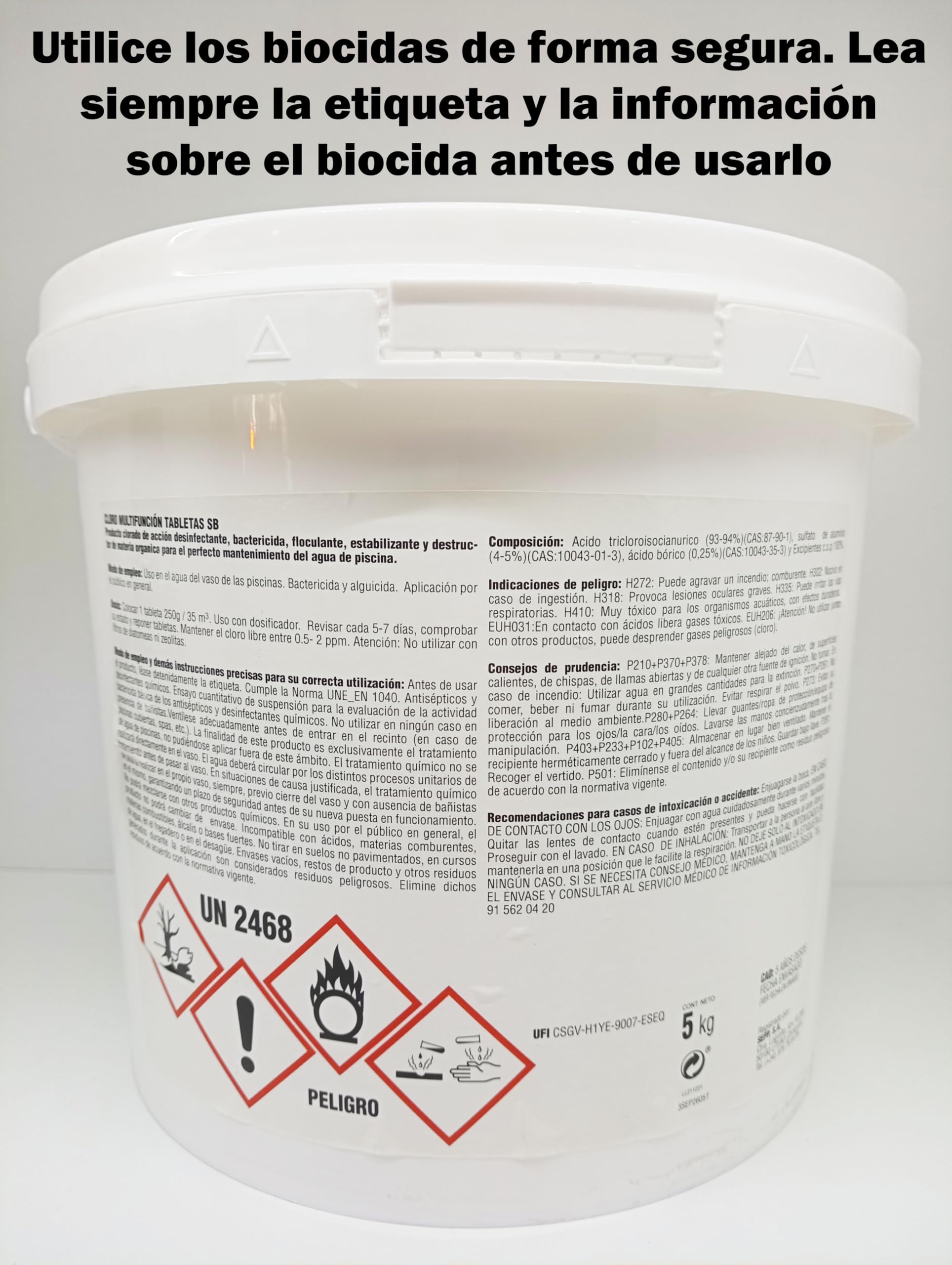 Ecogene Cloro Multifunción sin Cobre Especial Piscinas Liner y poliéster. Tabletas SB 250g. Cubeta de 5kg