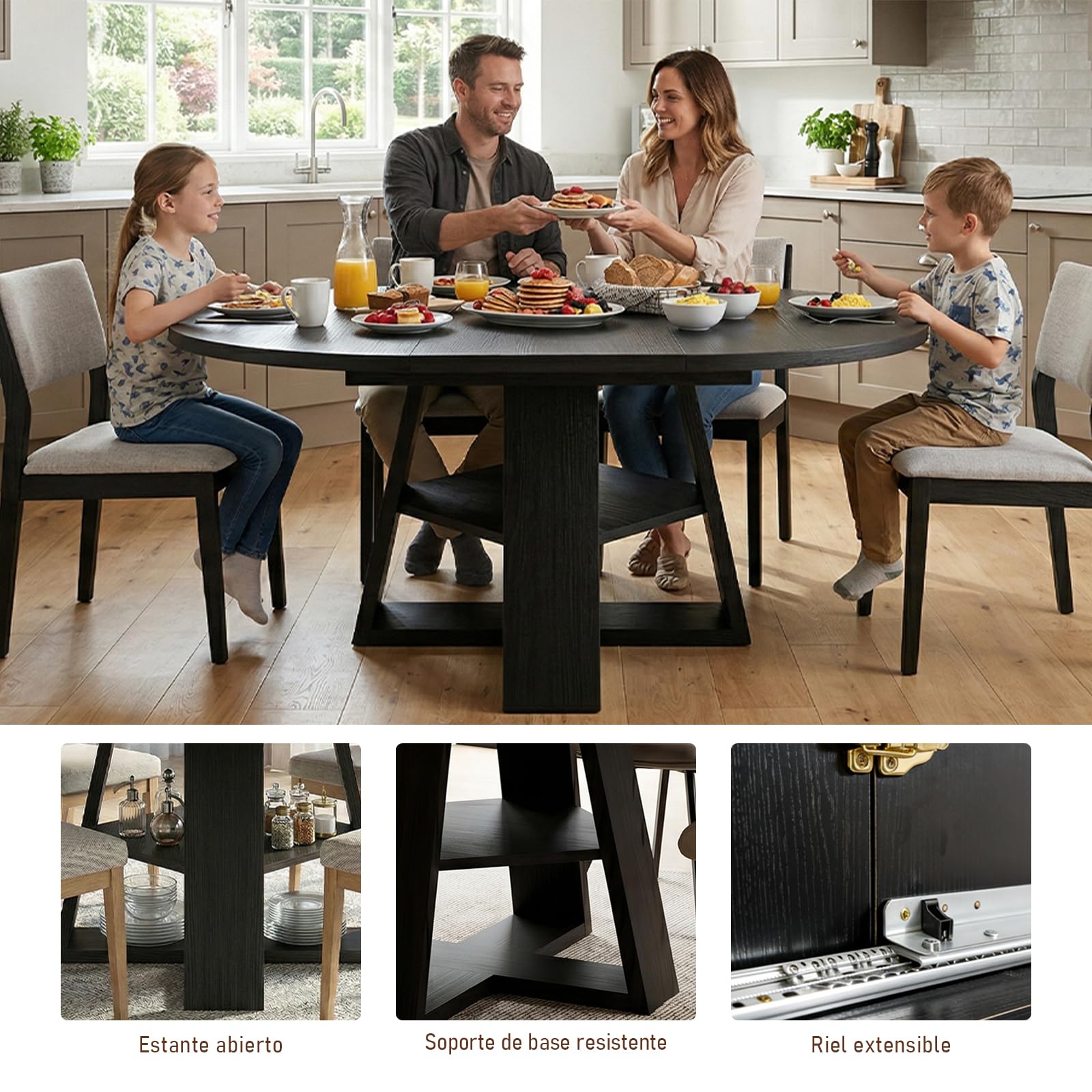 Comedor Mesa Extensible Redonda Madera con Estante, para 6-8 Personas