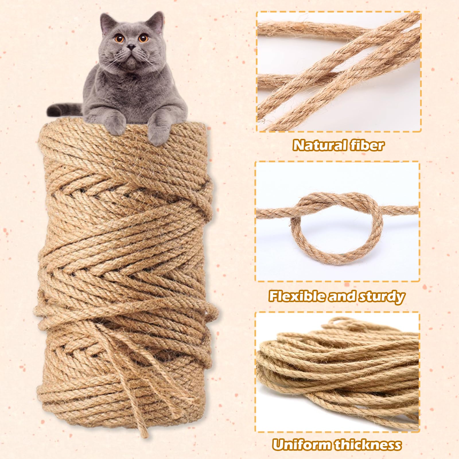 Corda di iuta naturale spessa 6 mm per tiragraffi per gatti, corda in sisal naturale, per gatti, animali domestici, giardinaggio, artigianato, giocattoli (40 m)