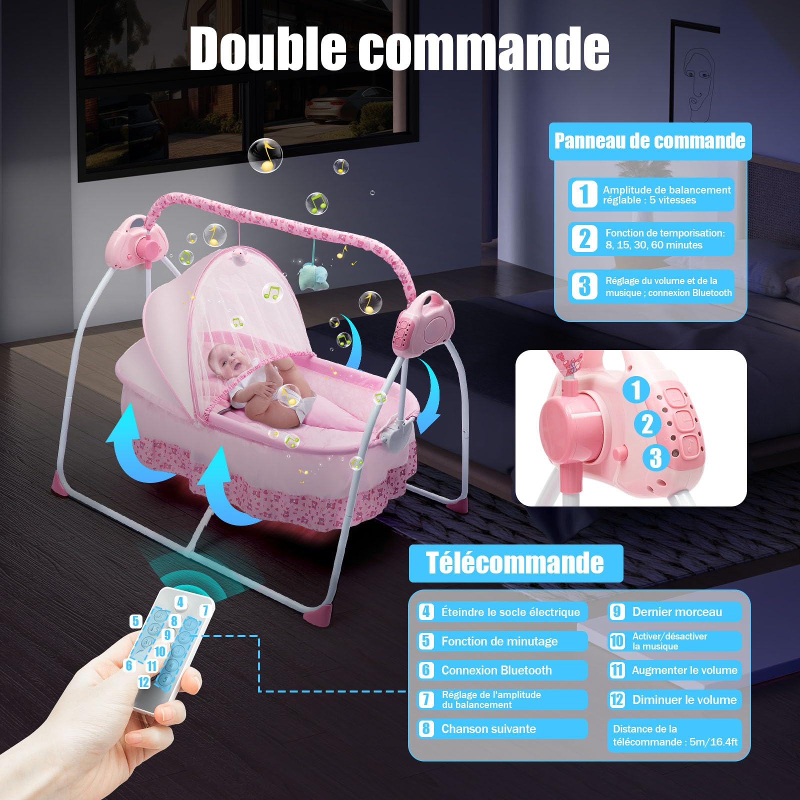 Berceau électrique pour bébé, lit Bebe indépendant, 0-25 kg, 100 * 75 * 86cm, transat Automatique avec Bluetooth, 5 réglages de Balancement, Berceau Pliable et Portable, Rose