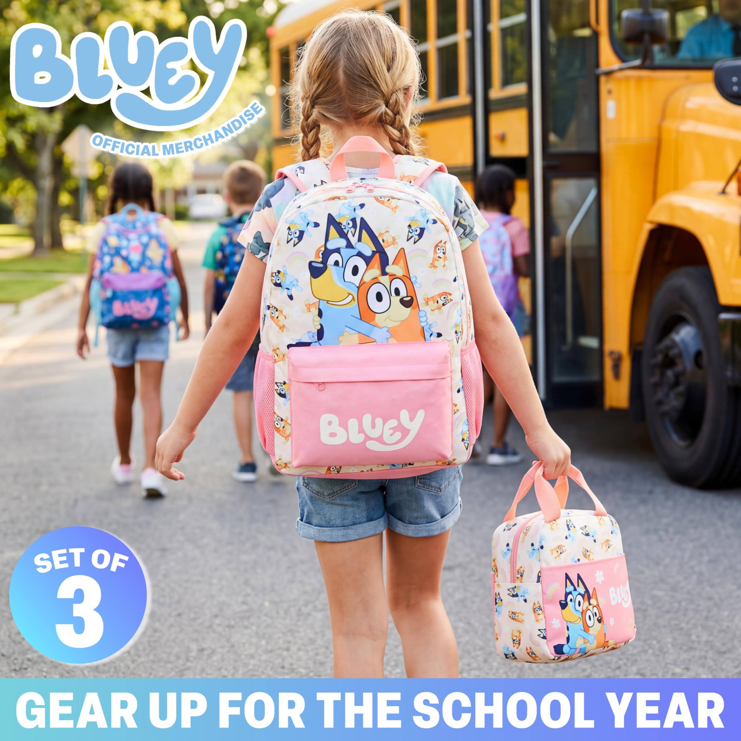 Get Trend Bluey Mochila Escolar Set de 3 Piezas con Mochila Niña, Estuche Escolar y Bolsa Isotermica Porta Alimentos (Multi Bluey)