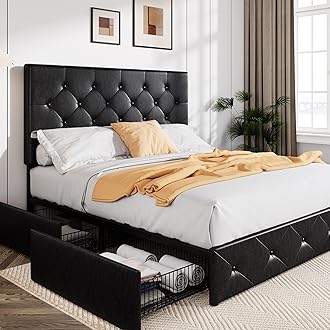 Allewie Upholstered Full Size Platform Bed Frame with 4 Storage Drawers and Headboard, Diamond Stitched Button Tufted, Mattress Foundation with Wooden Slats Support, No Box Spring Needed, Black
